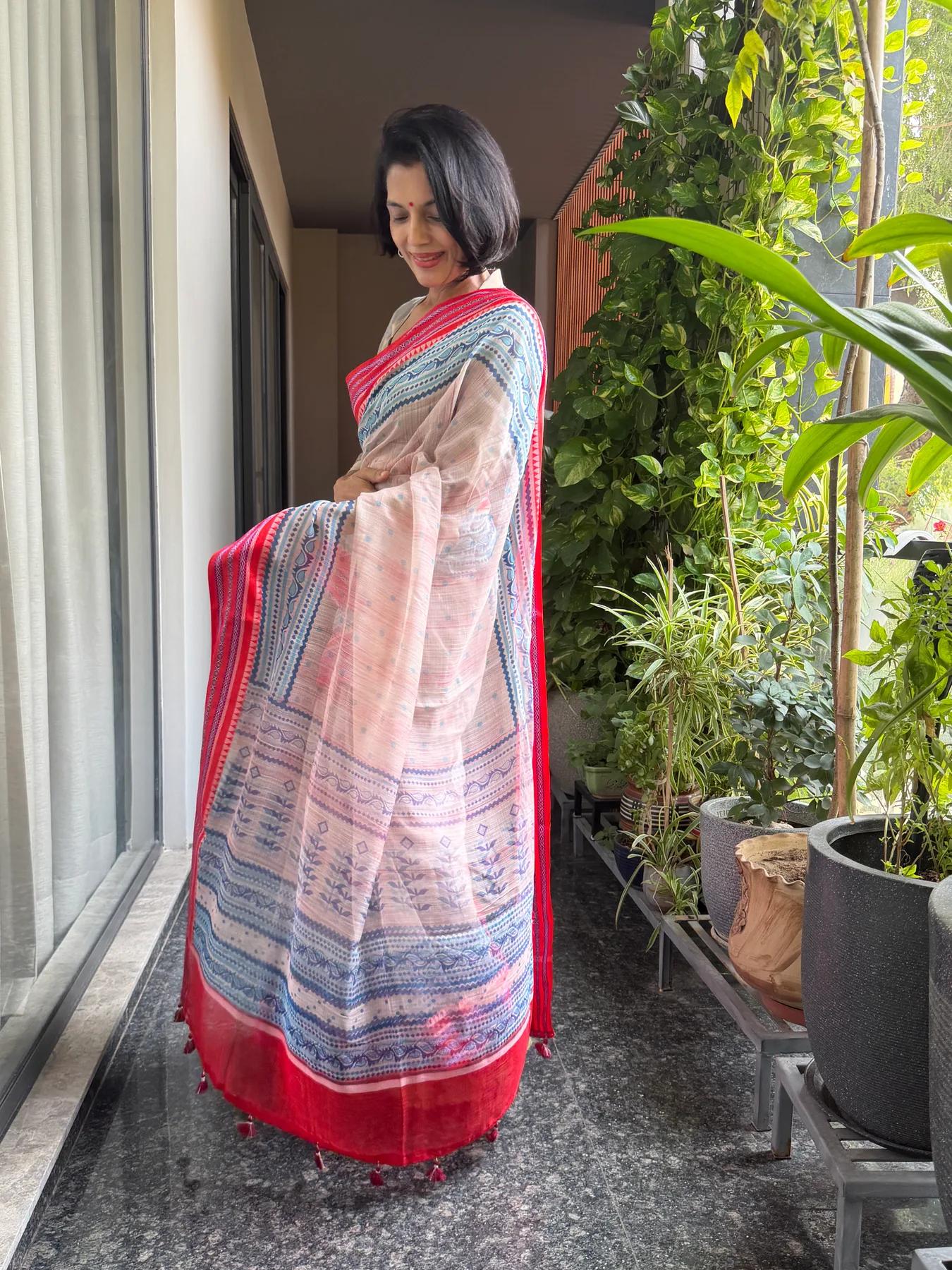 Blush Pink Hand Block Printed Handloom Kota Doria Saree with Karwati Kinaar Silk Border — Banarasi, Handloom Kota Doria with Silk Border, view 5