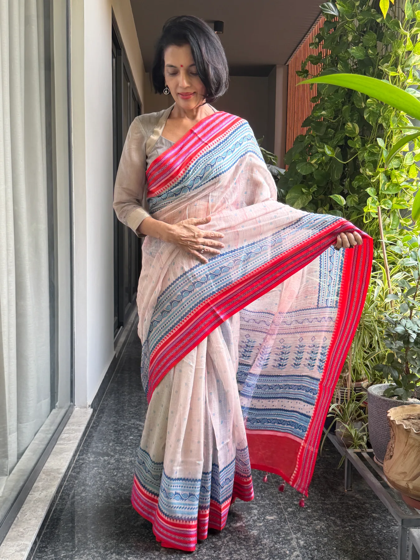 Blush Pink Hand Block Printed Handloom Kota Doria Saree with Karwati Kinaar Silk Border — Banarasi, Handloom Kota Doria with Silk Border, view 2