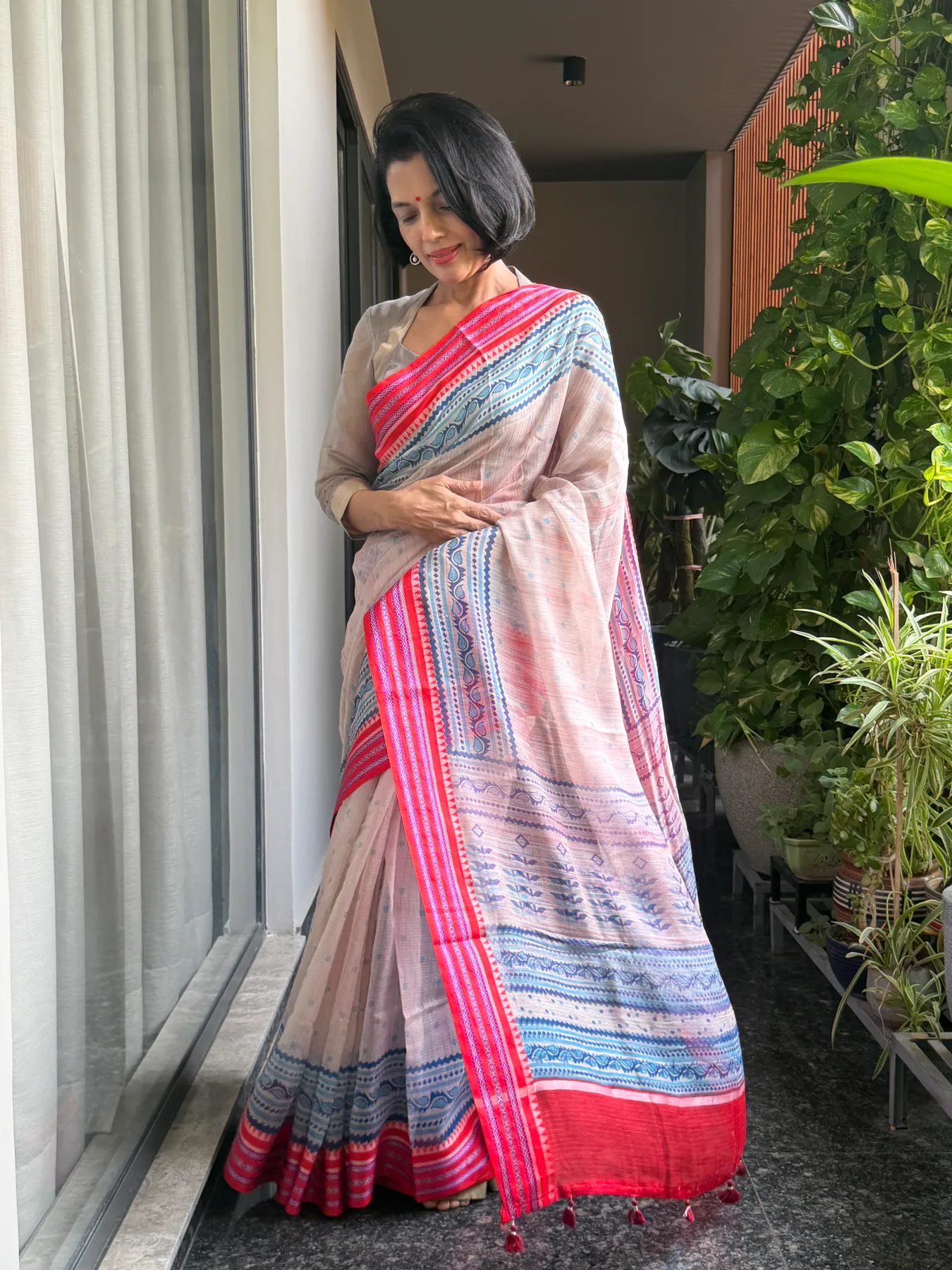 Blush Pink Hand Block Printed Handloom Kota Doria Saree with Karwati Kinaar Silk Border — Banarasi, Handloom Kota Doria with Silk Border, view 3