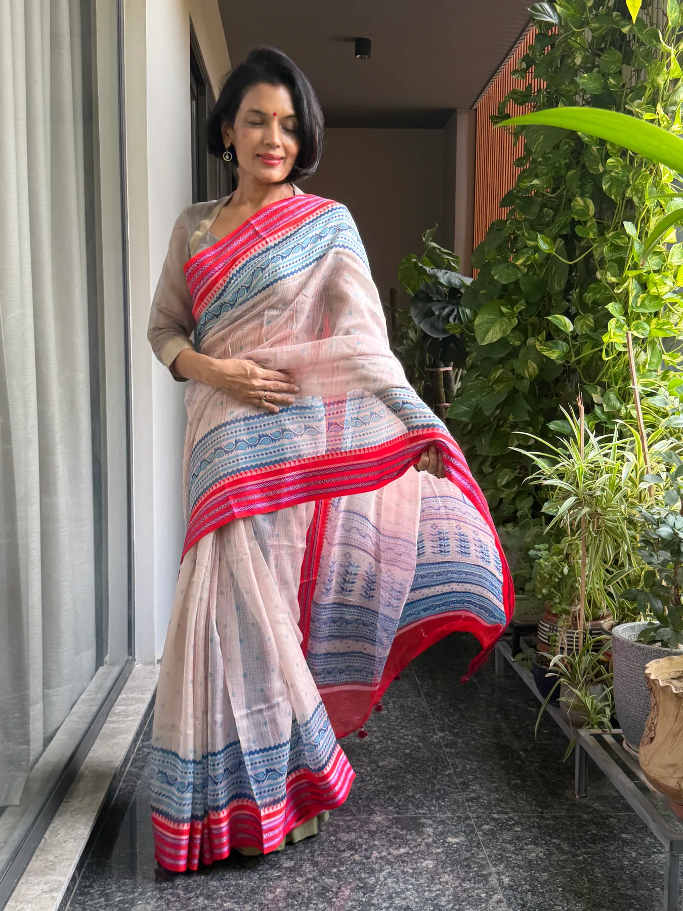 Blush Pink Hand Block Printed Handloom Kota Doria Saree with Karwati Kinaar Silk Border — Banarasi, Handloom Kota Doria with Silk Border, view 4