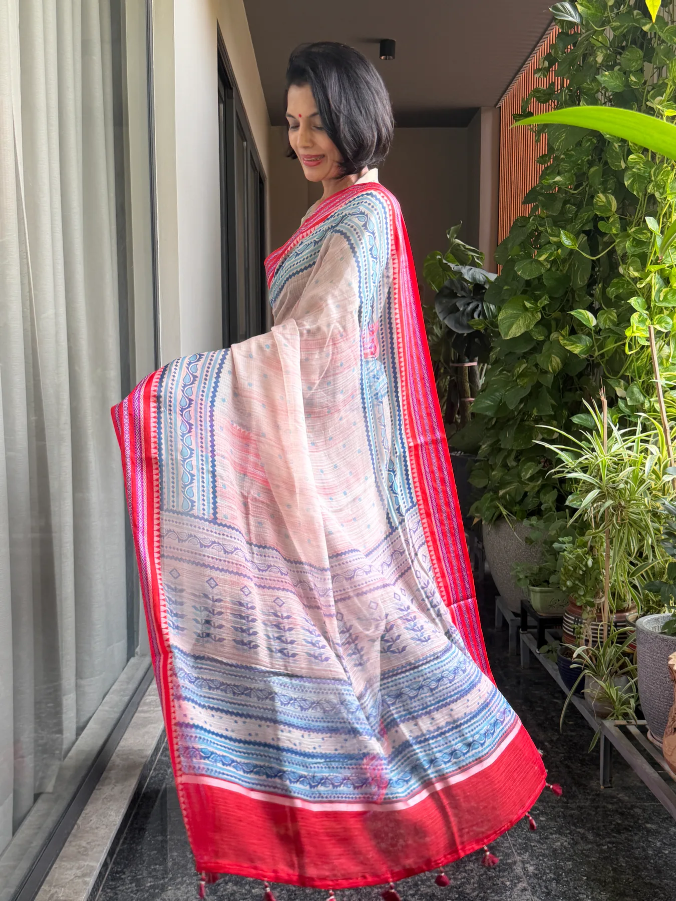 Blush Pink Hand Block Printed Handloom Kota Doria Saree with Karwati Kinaar Silk Border — Banarasi, Handloom Kota Doria with Silk Border, view 6