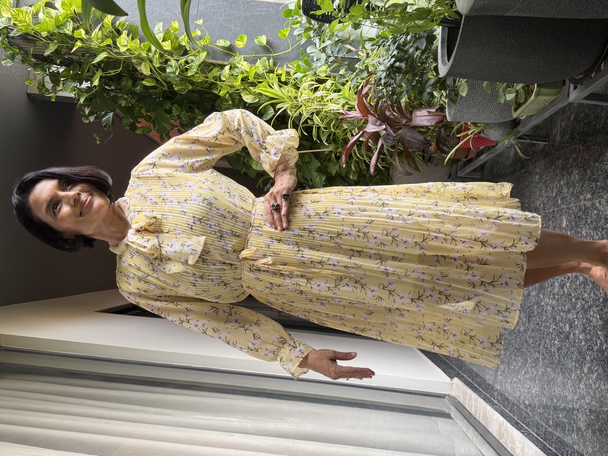 Butter Yellow Floral Pleated Tie-Neck Midi Dress — Lightweight Floral Fabric, Fine Pleating