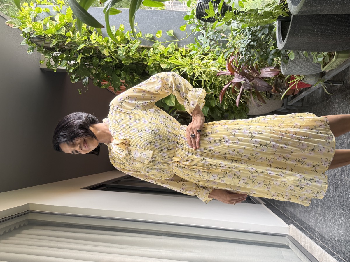 Butter Yellow Floral Pleated Tie-Neck Midi Dress — Lightweight Floral Fabric, Fine Pleating, view 3