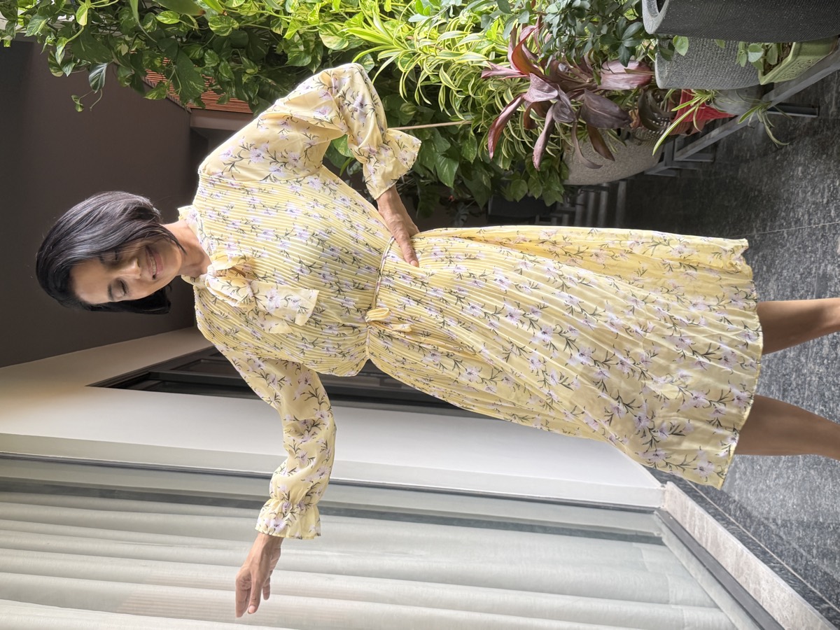 Butter Yellow Floral Pleated Tie-Neck Midi Dress — Lightweight Floral Fabric, Fine Pleating, view 7