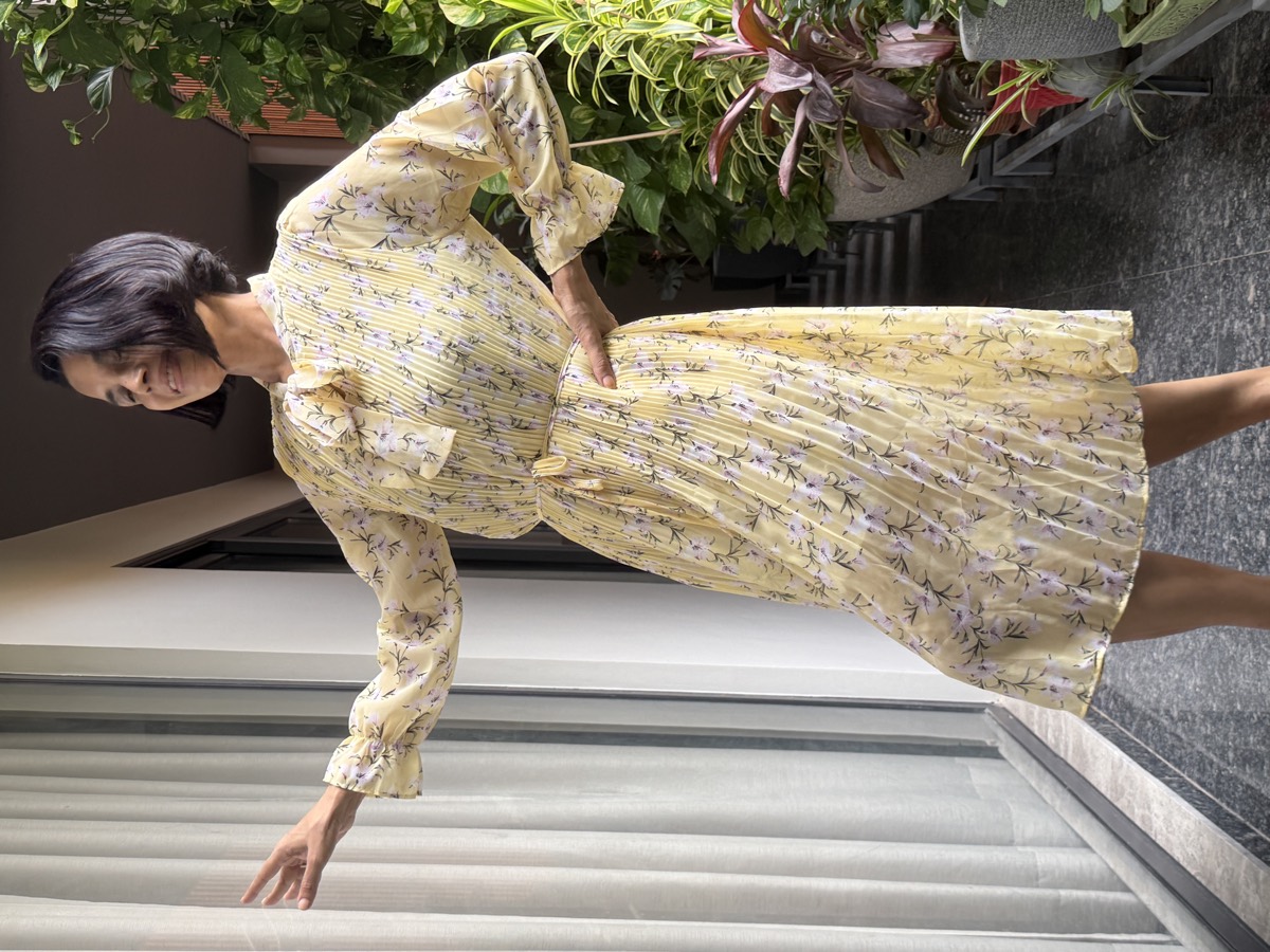 Butter Yellow Floral Pleated Tie-Neck Midi Dress — Lightweight Floral Fabric, Fine Pleating, view 9