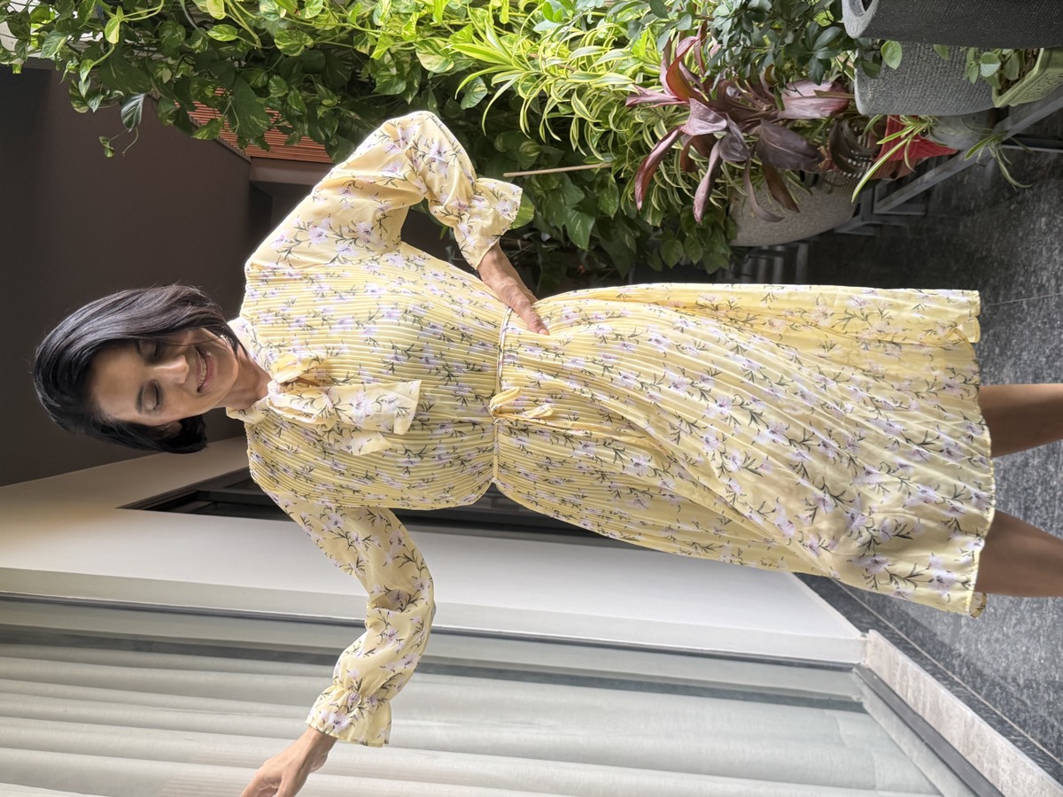 Butter Yellow Floral Pleated Tie-Neck Midi Dress — Lightweight Floral Fabric, Fine Pleating, view 8