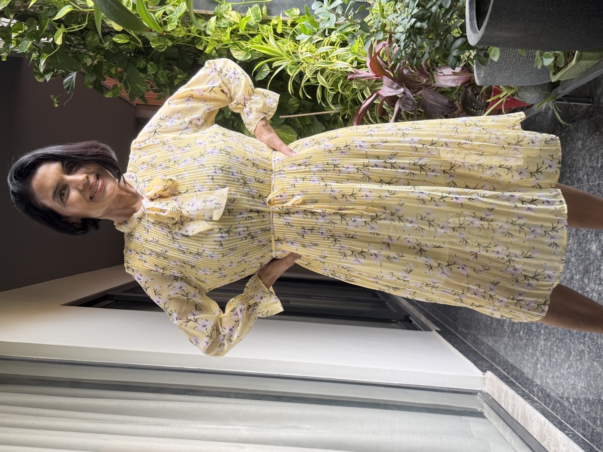 Butter Yellow Floral Pleated Tie-Neck Midi Dress — Lightweight Floral Fabric, Fine Pleating, view 2