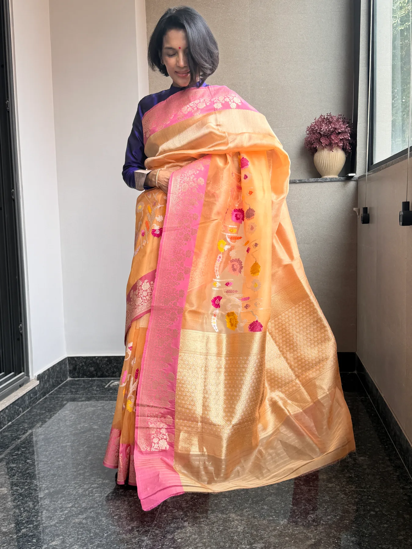 Champagne Kora Silk Tissue Brocade Kadiyal Banarasi collector's saree 3