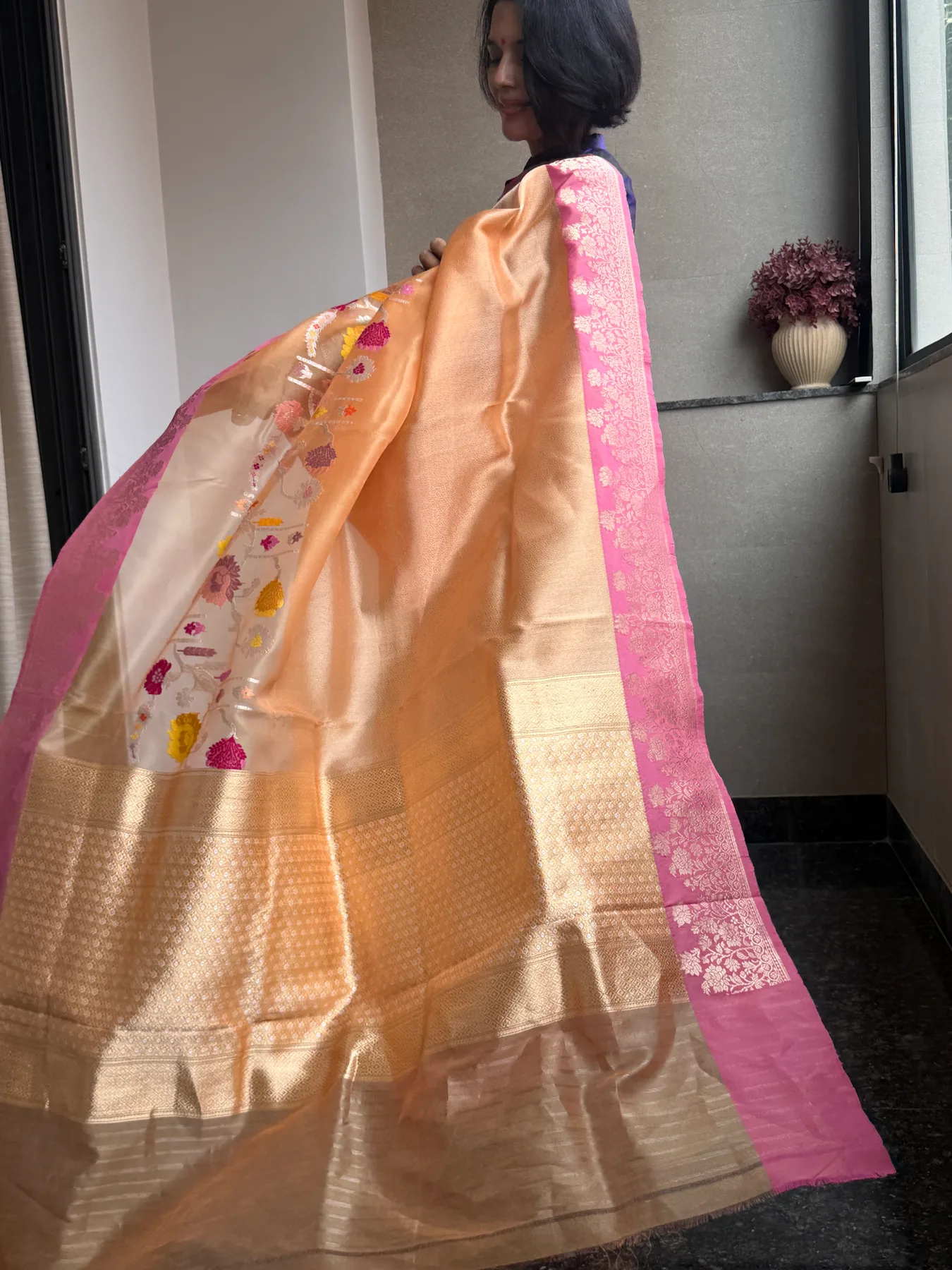 Champagne Kora Silk Tissue Brocade Kadiyal Banarasi collector's saree 7