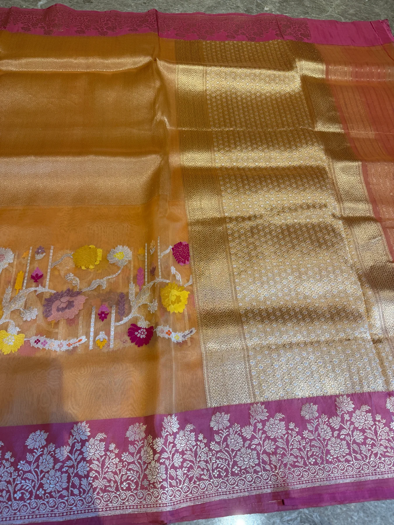 Champagne Kora Silk Tissue Brocade Kadiyal Banarasi collector's saree 8