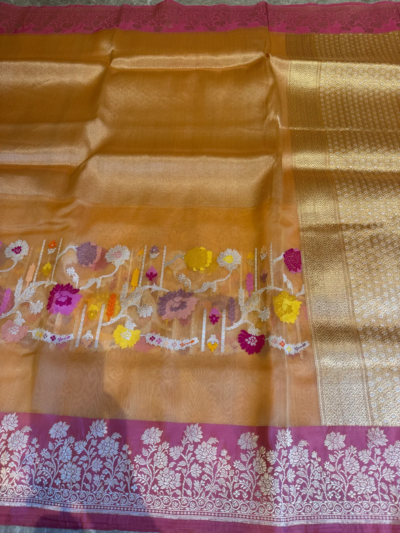 Champagne Kora Silk Tissue Brocade Kadiyal Banarasi collector's saree 9