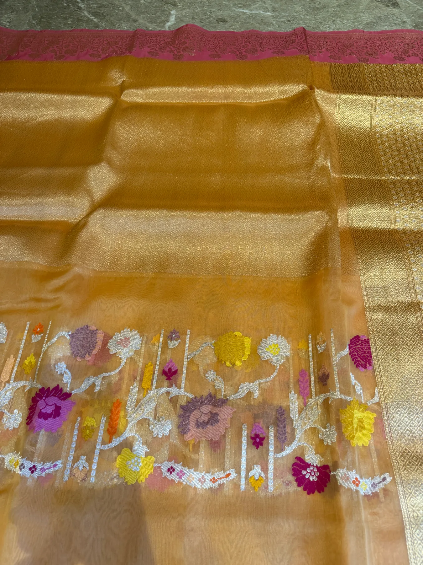 Champagne Kora Silk Tissue Brocade Kadiyal Banarasi collector's saree 10