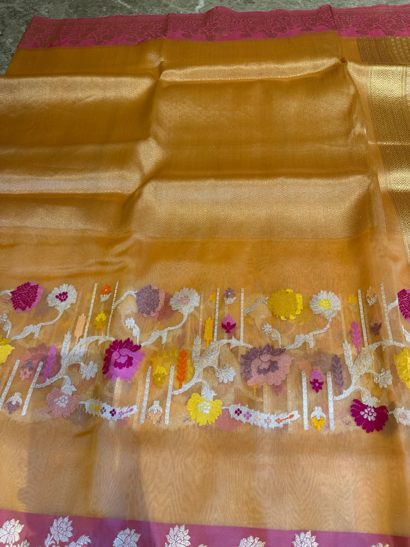 Champagne Kora Silk Tissue Brocade Kadiyal Banarasi collector's saree 11