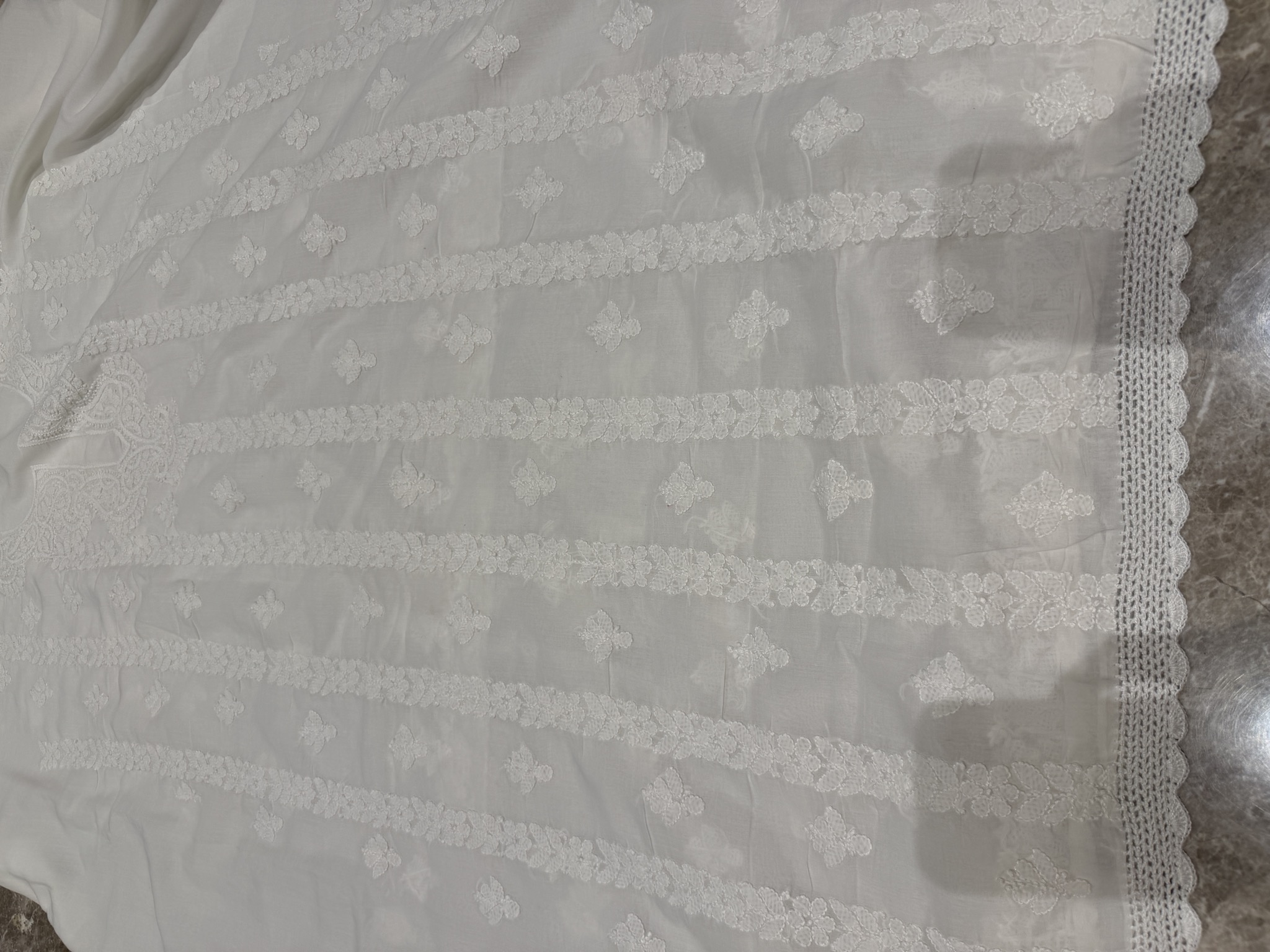 White on White Chikankari Unstitched Suit Set with Crochet Lace — Georgette, Lucknow, Uttar Pradesh