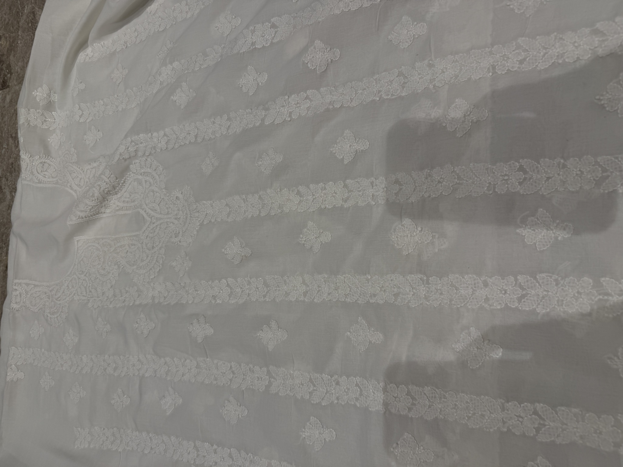 White on White Chikankari Unstitched Suit Set with Crochet Lace — Georgette, Lucknow, Uttar Pradesh, view 2