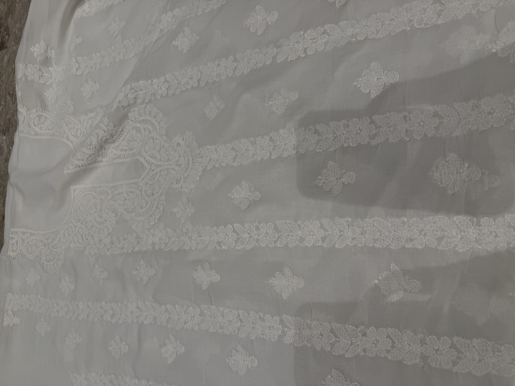 White on White Chikankari Unstitched Suit Set with Crochet Lace — Georgette, Lucknow, Uttar Pradesh, view 3