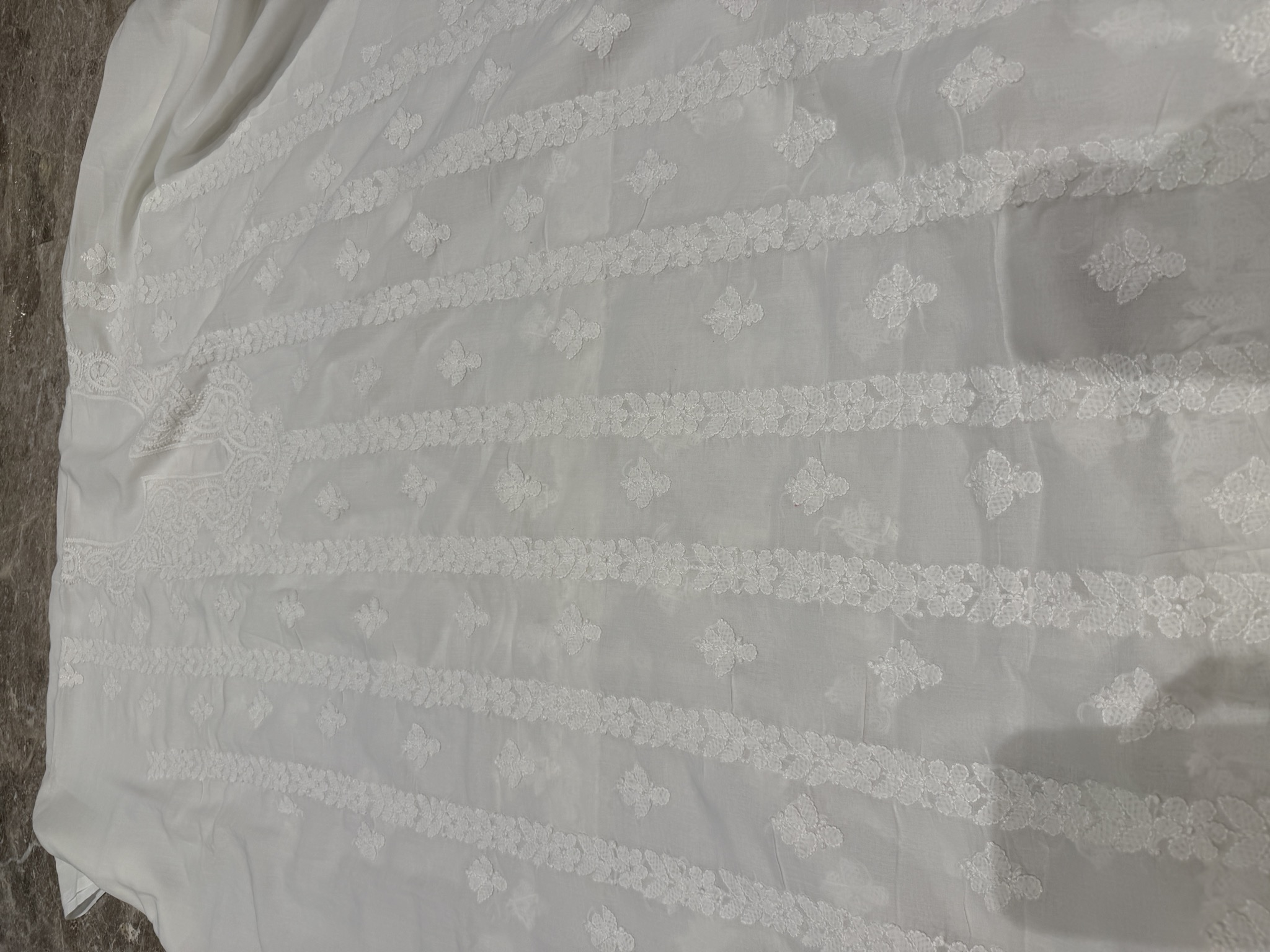 White on White Chikankari Unstitched Suit Set with Crochet Lace — Georgette, Lucknow, Uttar Pradesh, view 5
