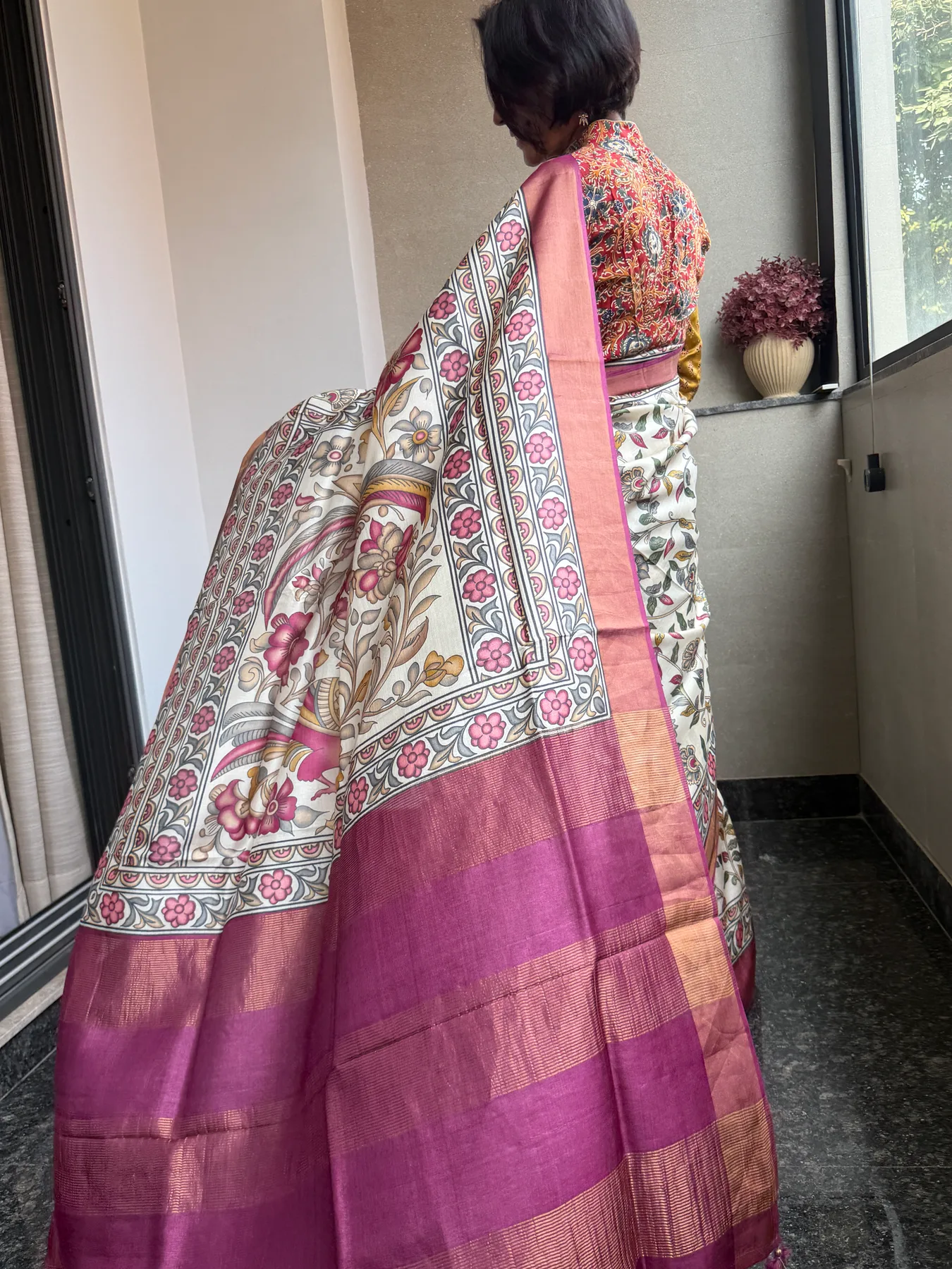 Hand-Done Pen Kalamkari Pure Tussar Saree — Banarasi, Pure Tussar, view 8