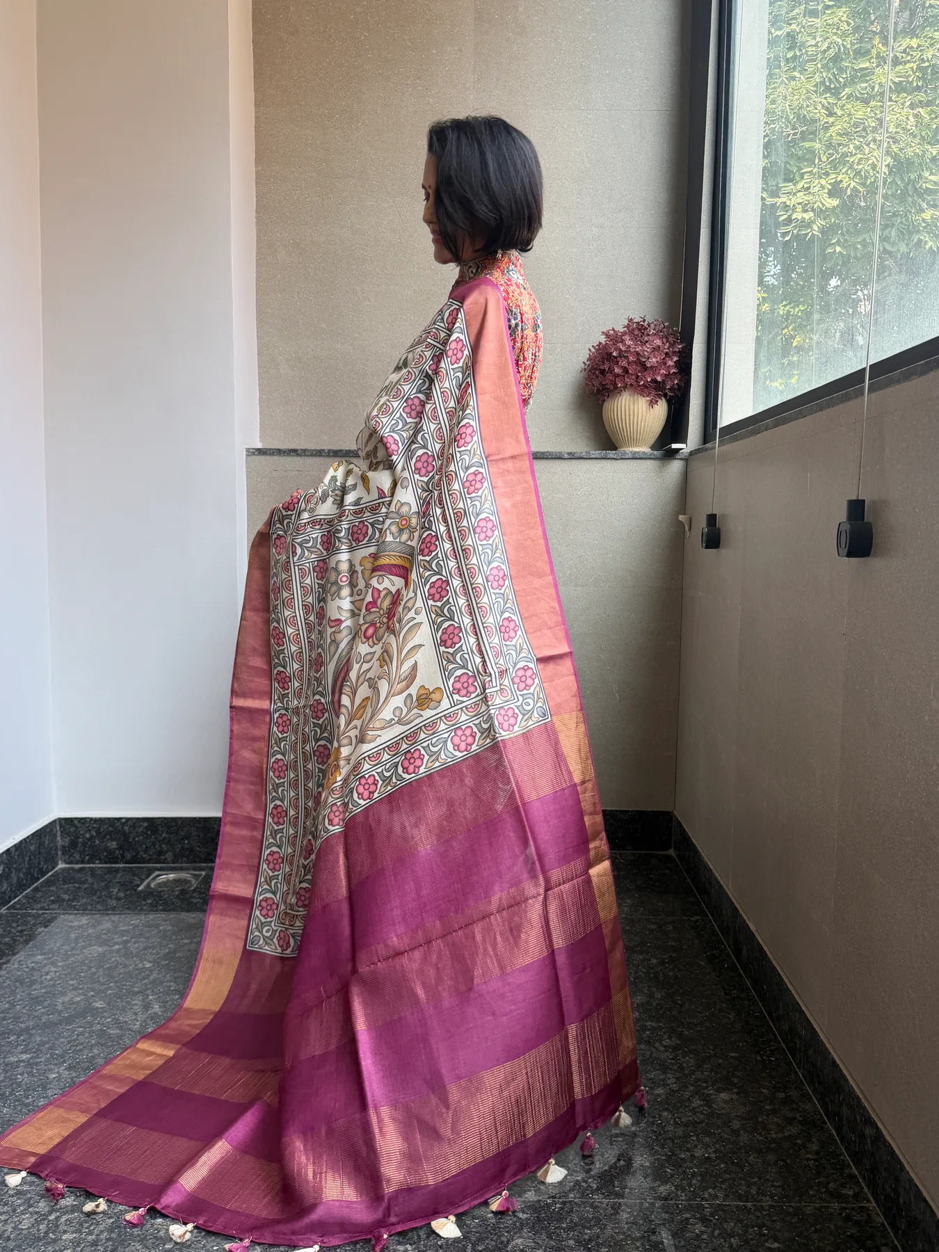 Hand-Done Pen Kalamkari Pure Tussar Saree — Banarasi, Pure Tussar, view 7