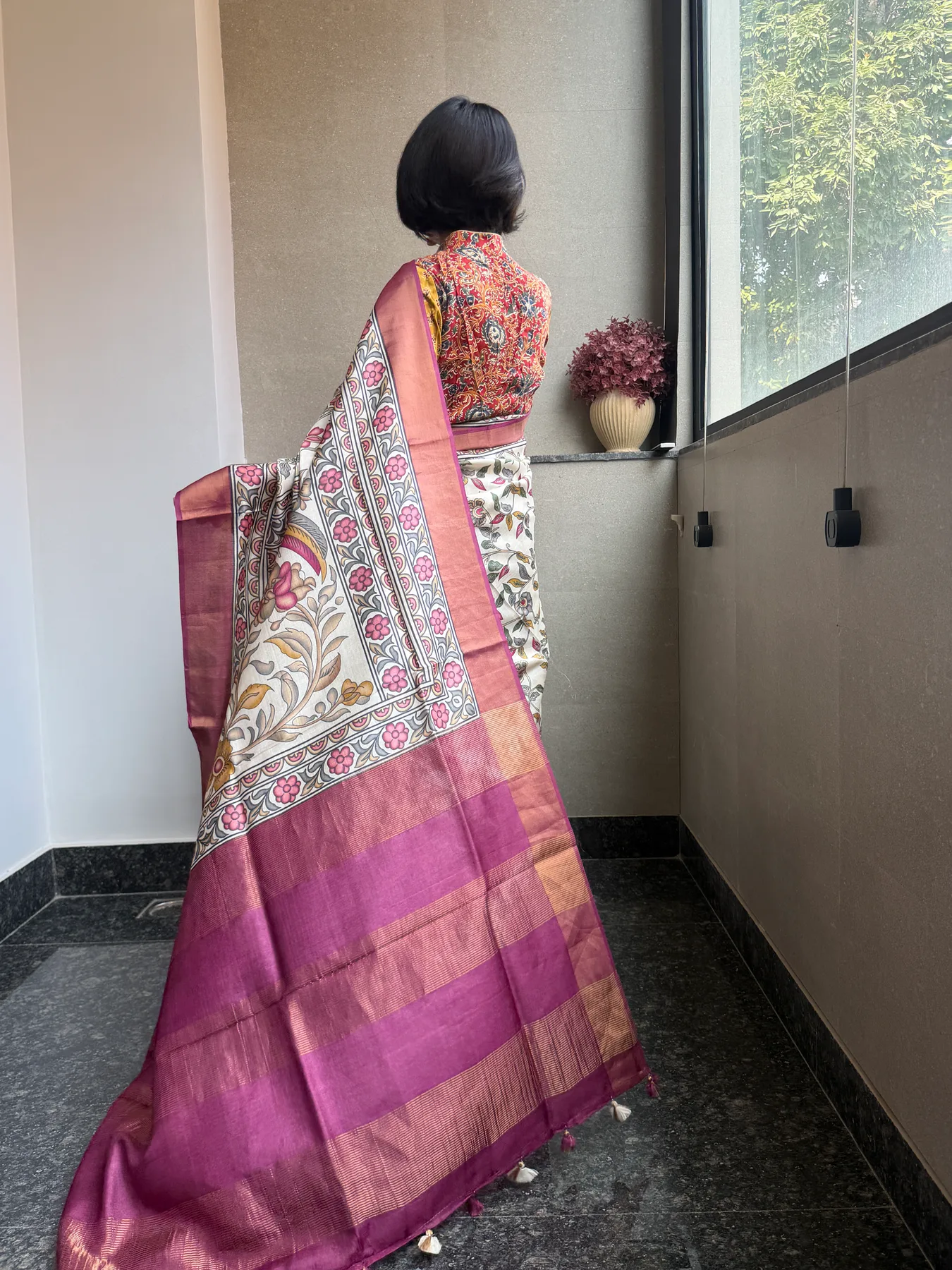 Hand-Done Pen Kalamkari Pure Tussar Saree — Banarasi, Pure Tussar, view 5