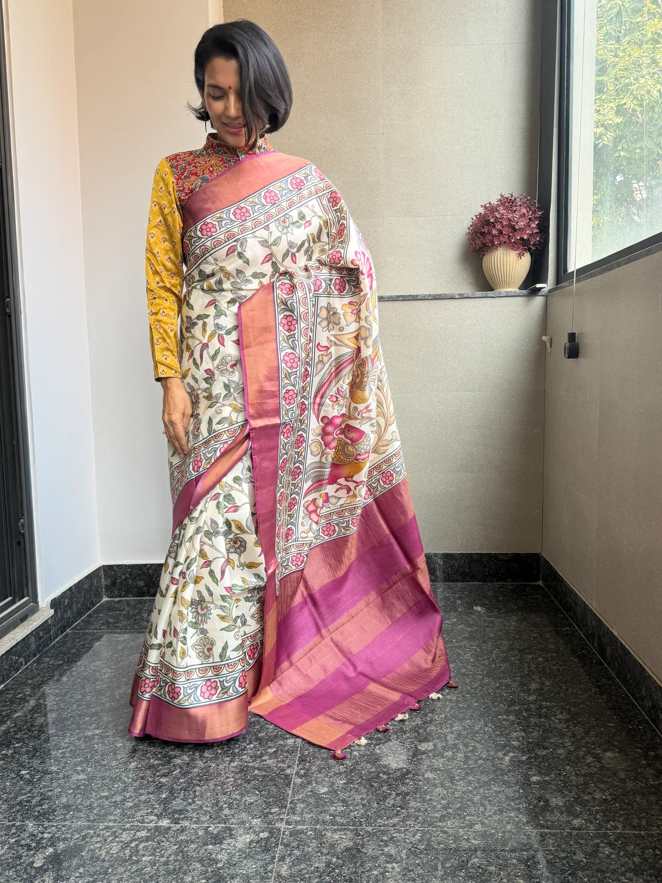 Hand-Done Pen Kalamkari Pure Tussar Saree — Banarasi, Pure Tussar, view 6