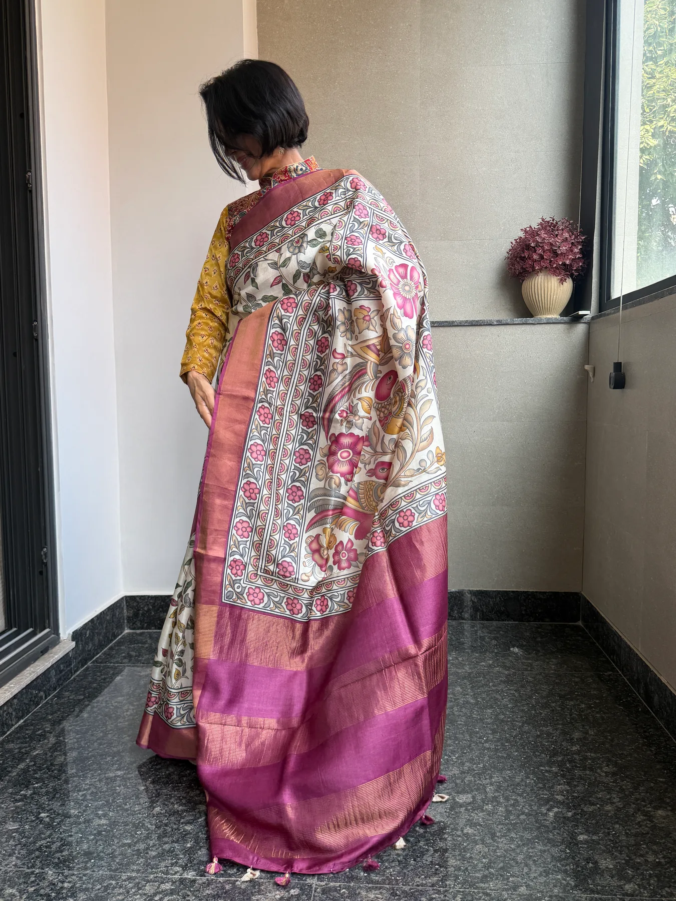 Hand-Done Pen Kalamkari Pure Tussar Saree — Banarasi, Pure Tussar, view 9