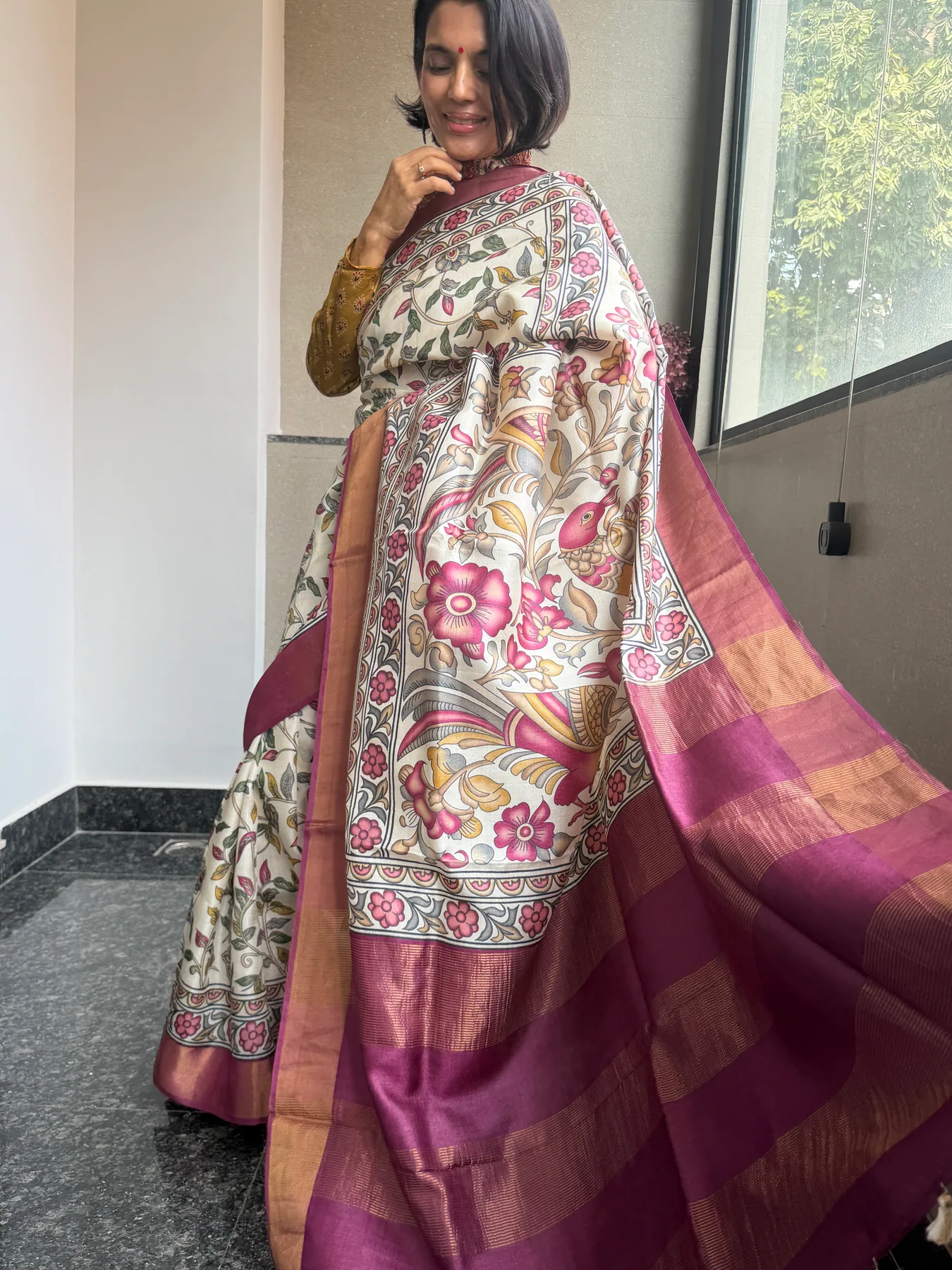 Hand-Done Pen Kalamkari Pure Tussar Saree — Banarasi, Pure Tussar, view 3