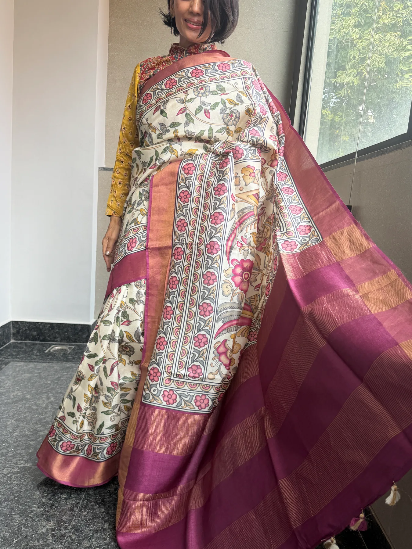 Hand-Done Pen Kalamkari Pure Tussar Saree — Banarasi, Pure Tussar