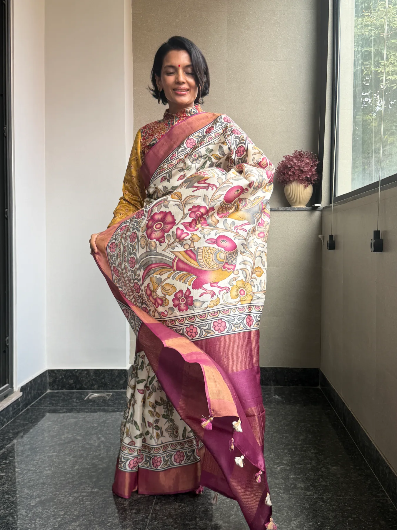 Hand-Done Pen Kalamkari Pure Tussar Saree — Banarasi, Pure Tussar, view 4