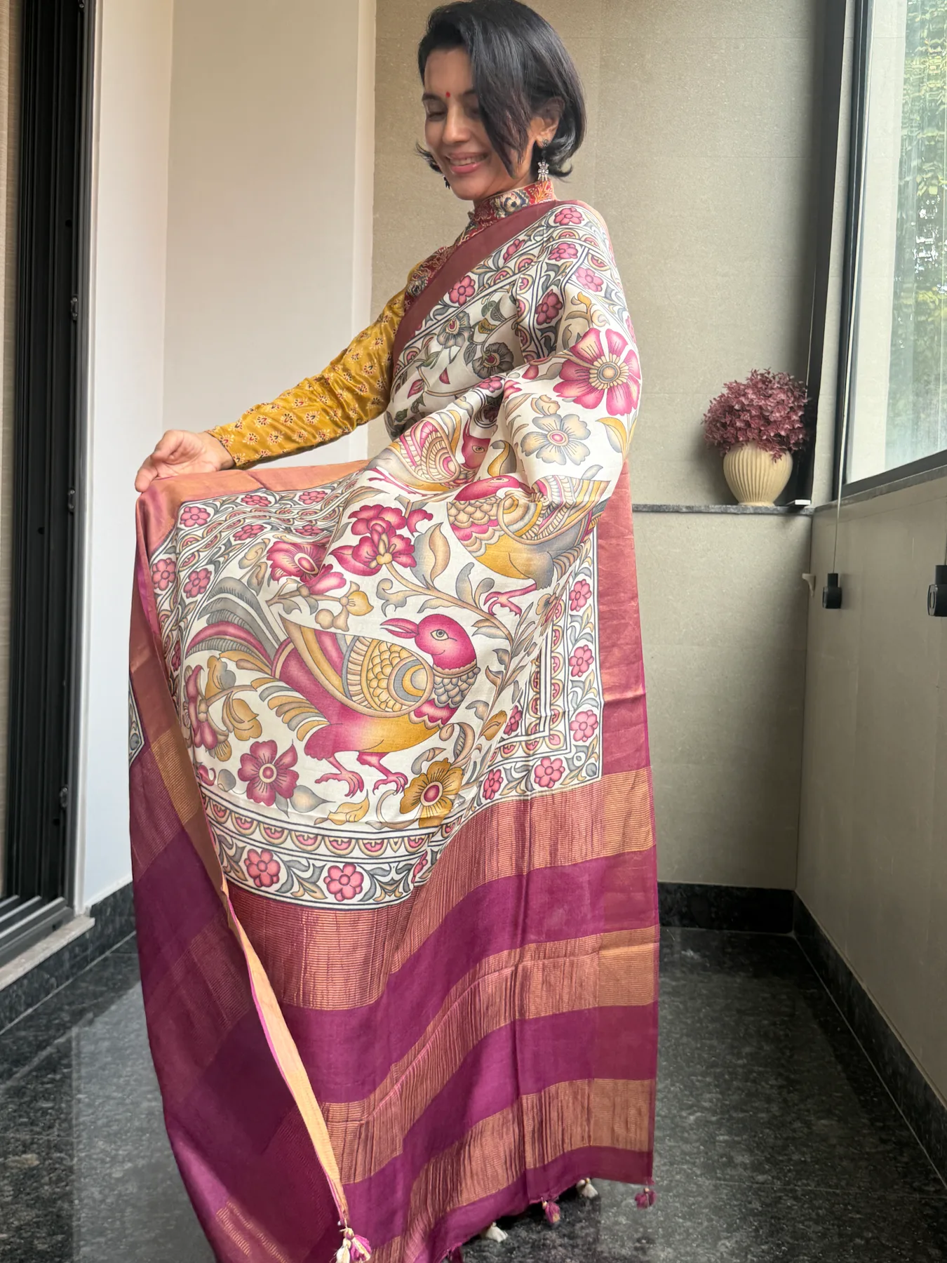 Hand-Done Pen Kalamkari Pure Tussar Saree — Banarasi, Pure Tussar, view 2
