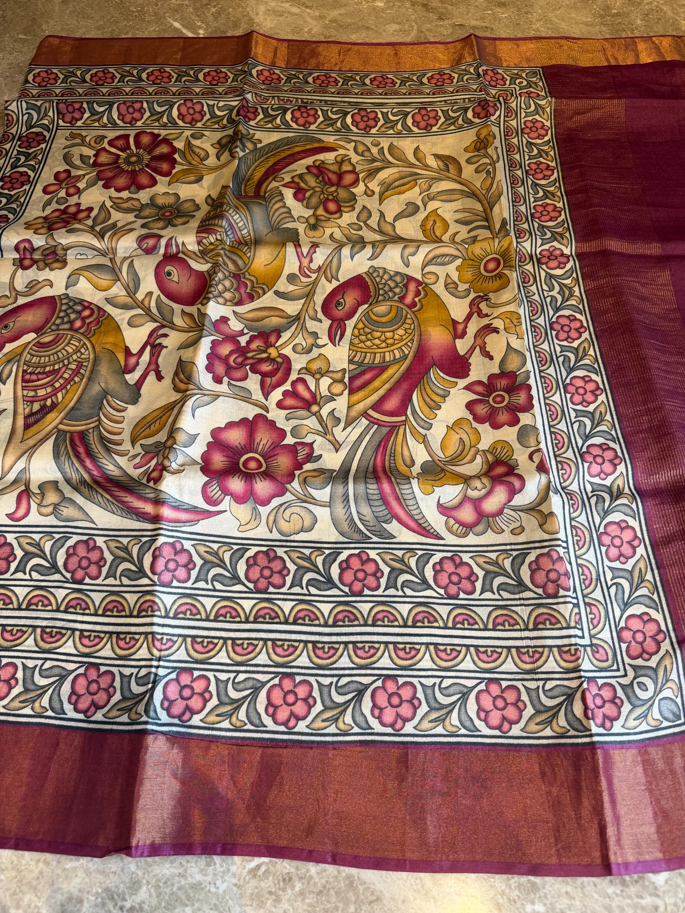 Hand-Done Pen Kalamkari Pure Tussar Saree — Banarasi, Pure Tussar, view 10