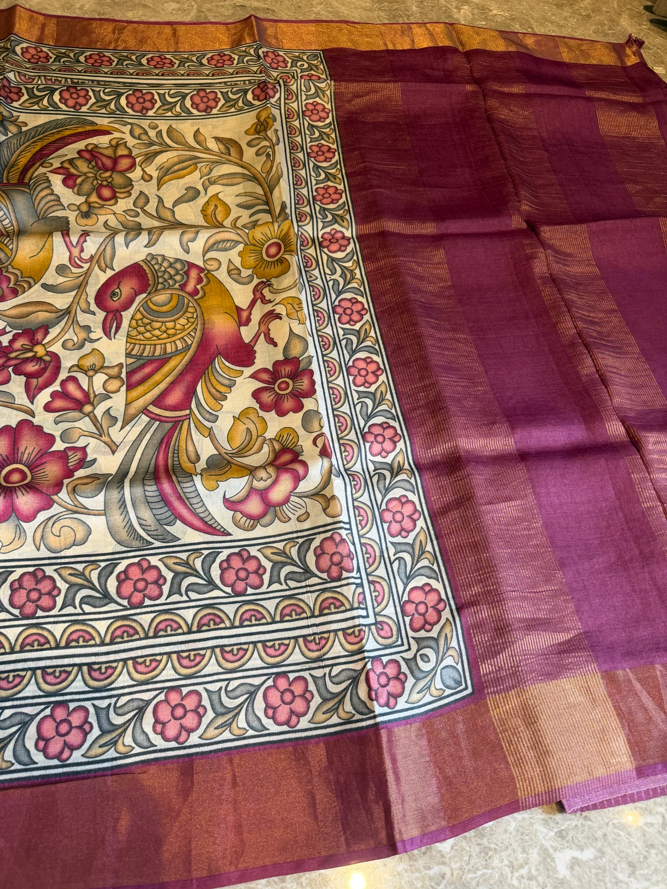 Hand-Done Pen Kalamkari Pure Tussar Saree — Banarasi, Pure Tussar, view 11