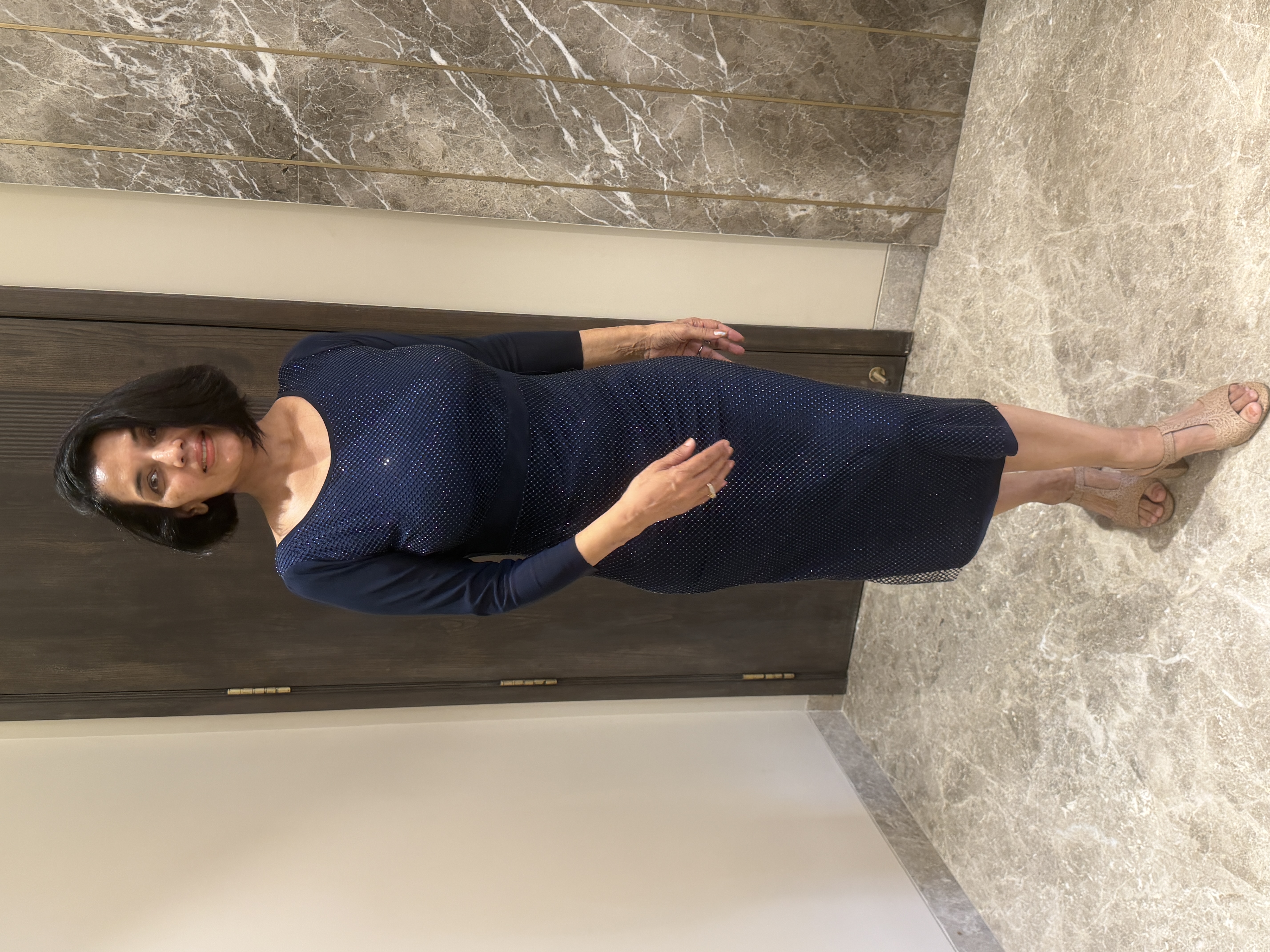 Navy Blue Shimmery Lycra Dress — Korean Stretch Lycra, Hand stitched in-house, view 2