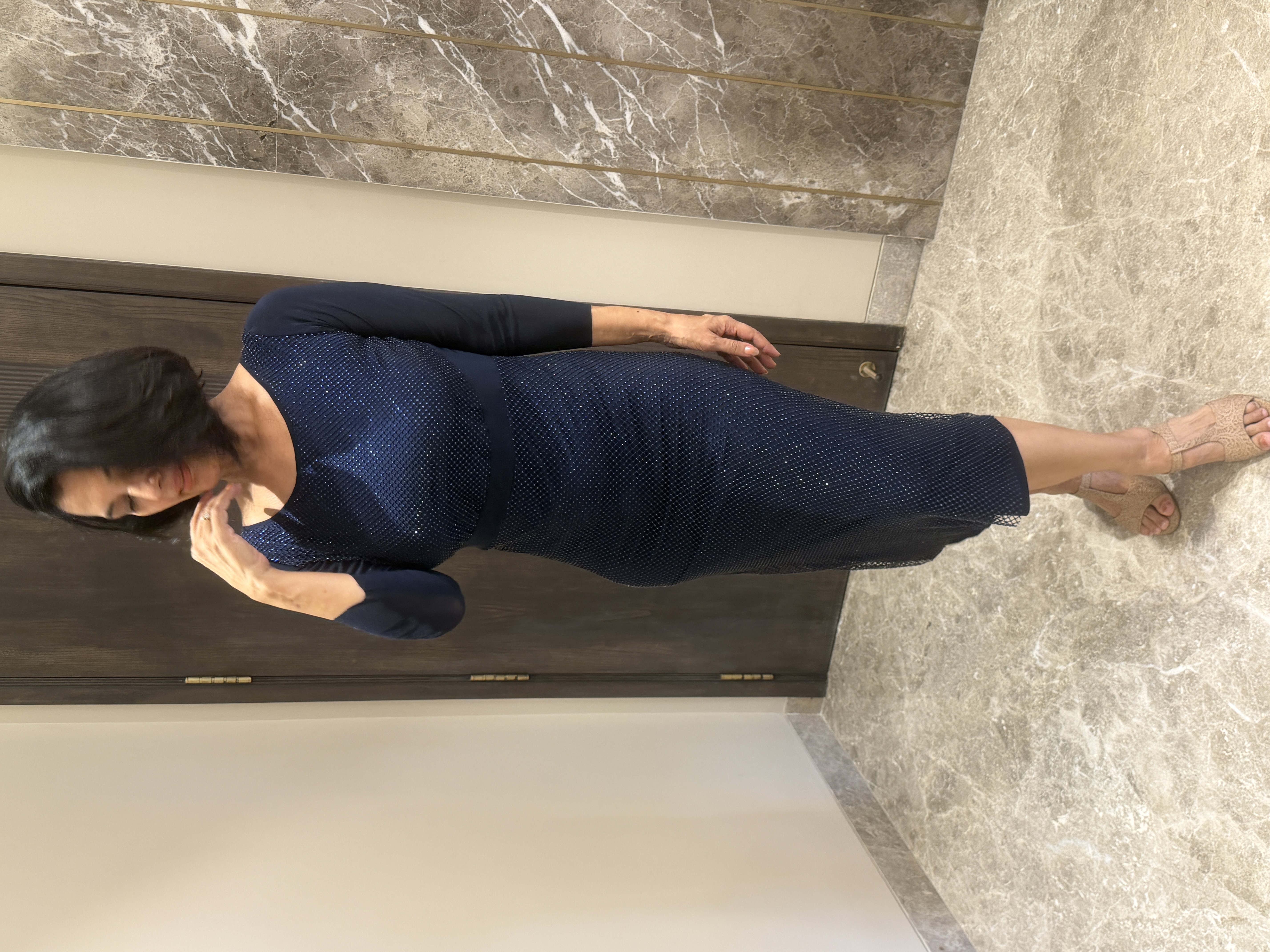 Navy Blue Shimmery Lycra Dress — Korean Stretch Lycra, Hand stitched in-house, view 3