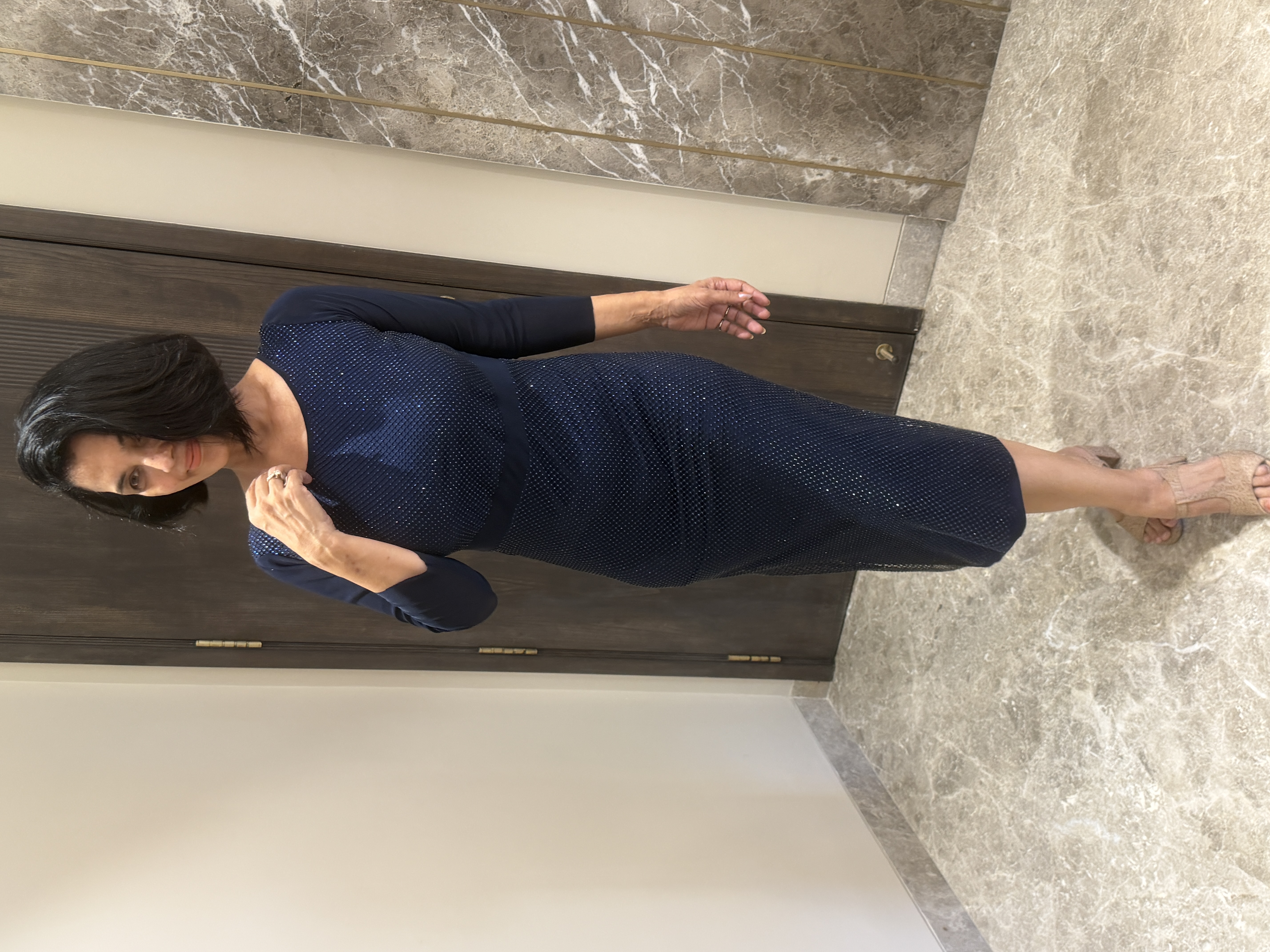 Navy Blue Shimmery Lycra Dress — Korean Stretch Lycra, Hand stitched in-house, view 4