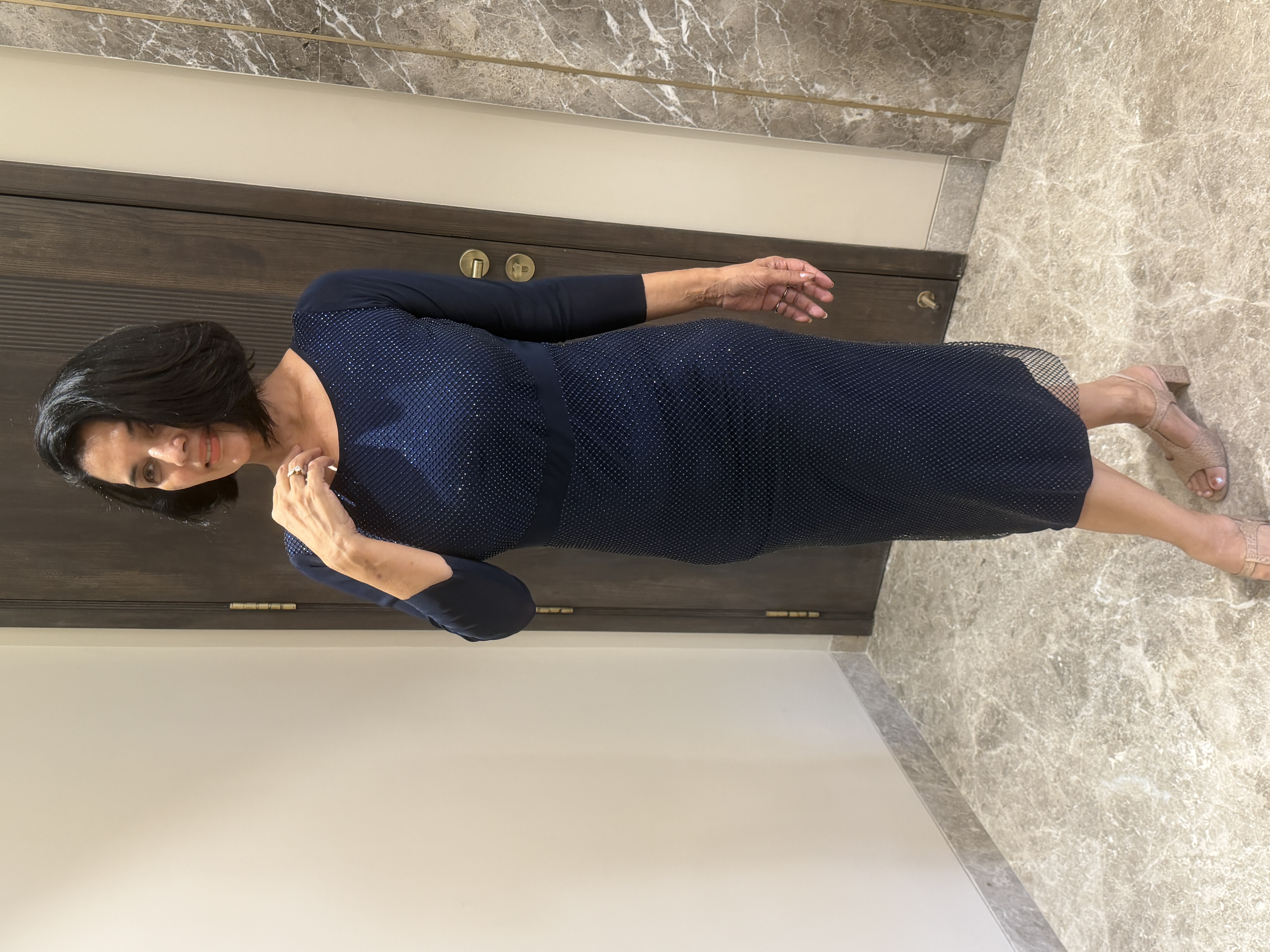 Navy Blue Shimmery Lycra Dress — Korean Stretch Lycra, Hand stitched in-house, view 6