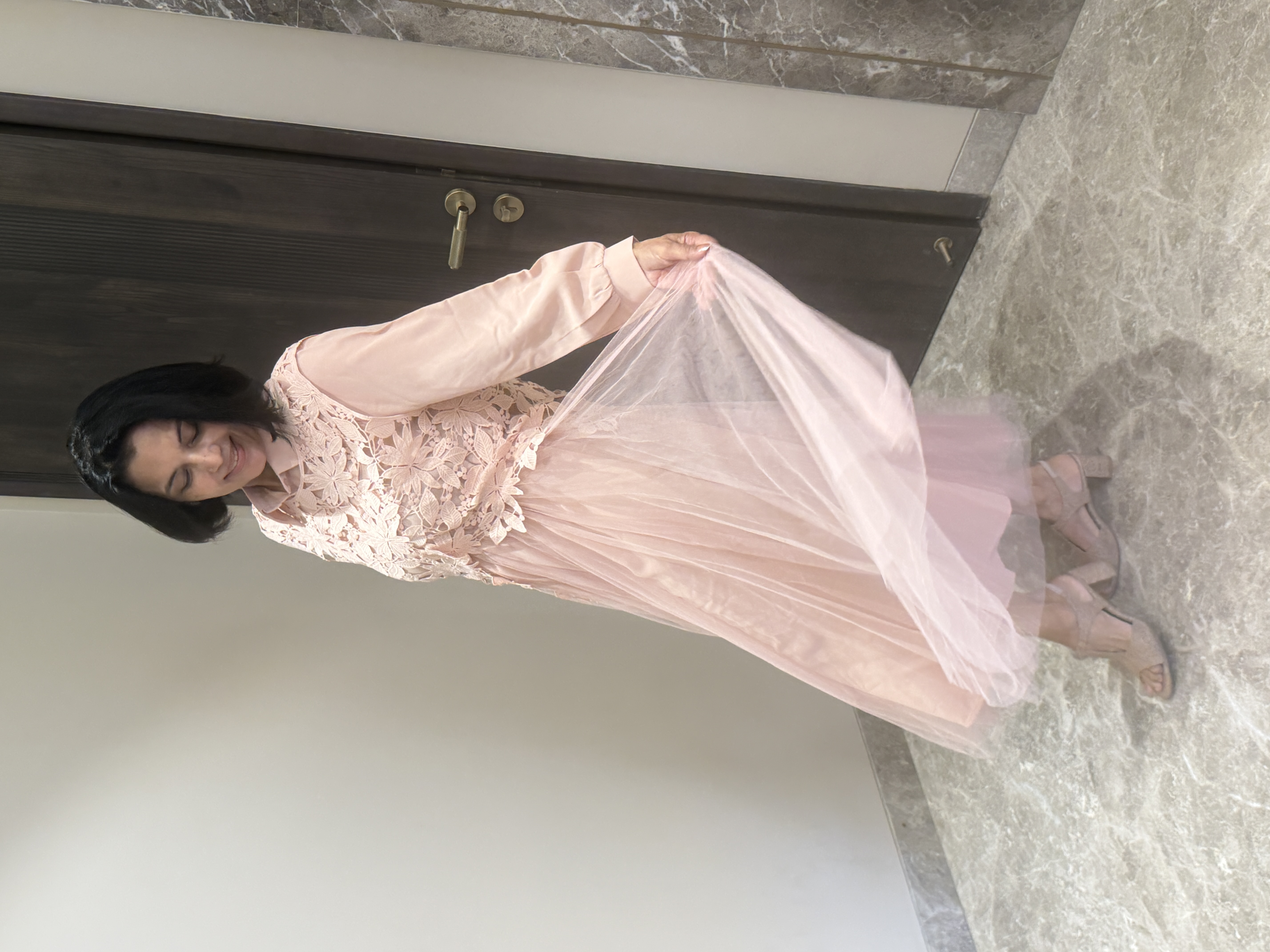 Dusty Pink Lace & Net Two-Piece Dress — Lace & Net, Hand finished in-house, view 4
