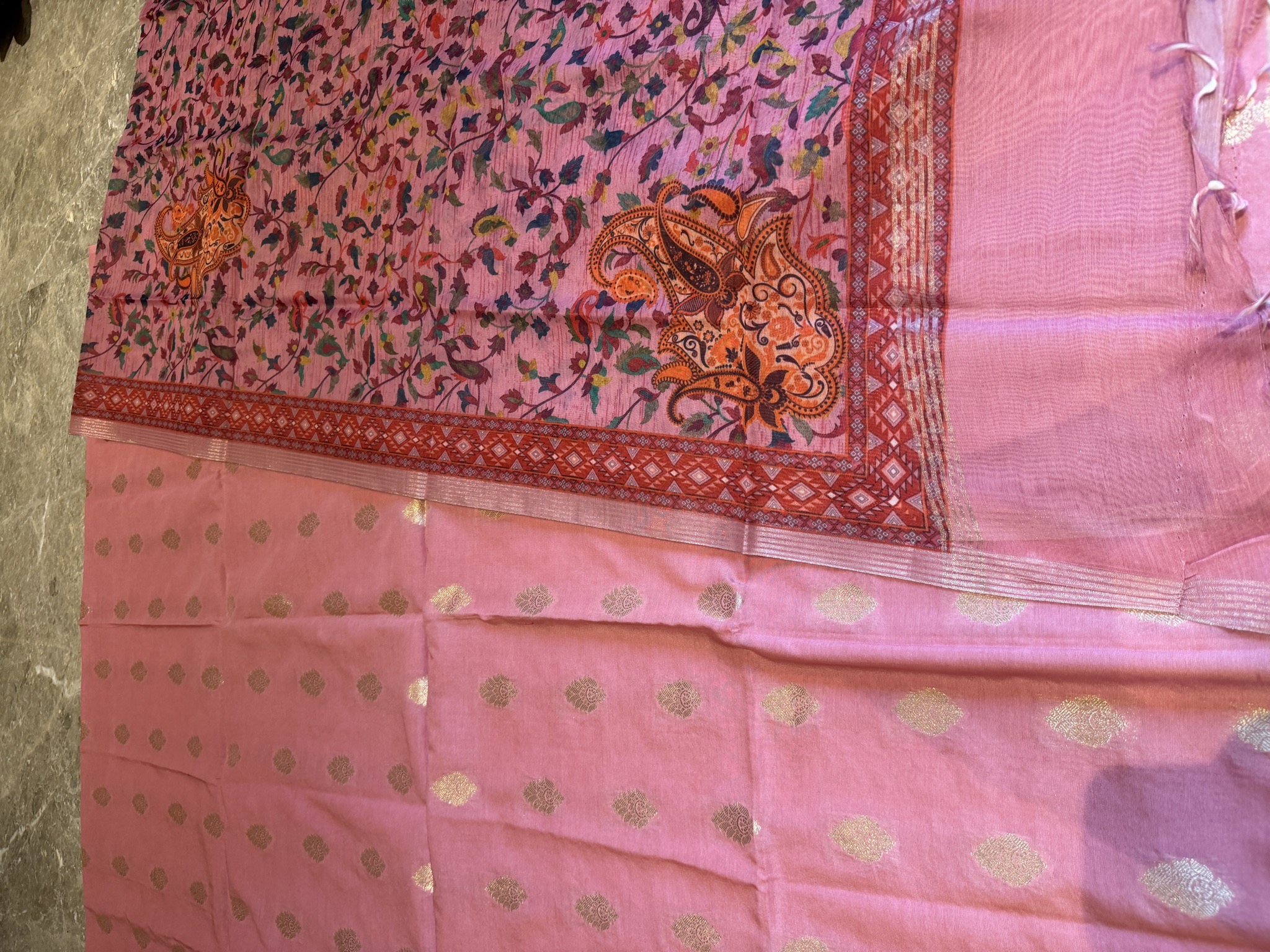 Dusty Rose Pink Unstitched Suit Set with Kani Print Dupatta — Silk, Varanasi, Uttar Pradesh