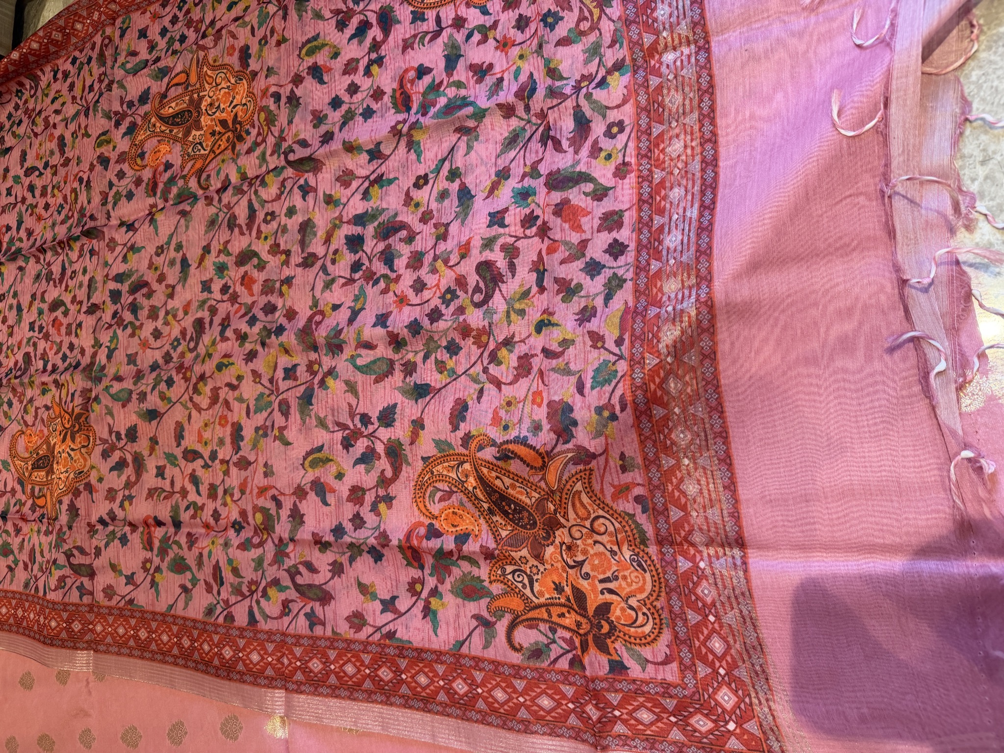 Dusty Rose Pink Unstitched Suit Set with Kani Print Dupatta — Silk, Varanasi, Uttar Pradesh, view 4