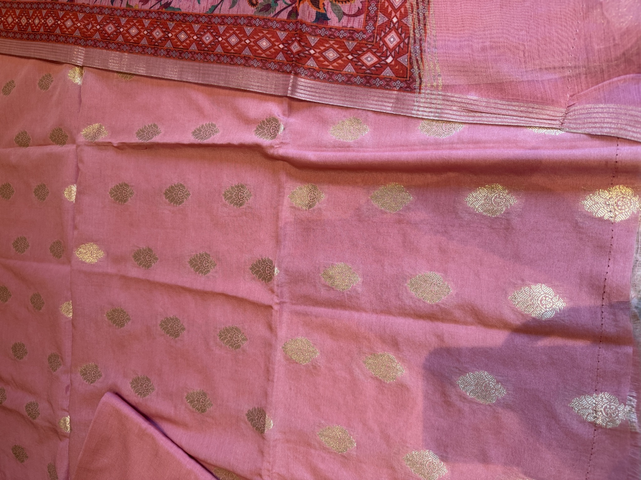 Dusty Rose Pink Unstitched Suit Set with Kani Print Dupatta — Silk, Varanasi, Uttar Pradesh, view 3
