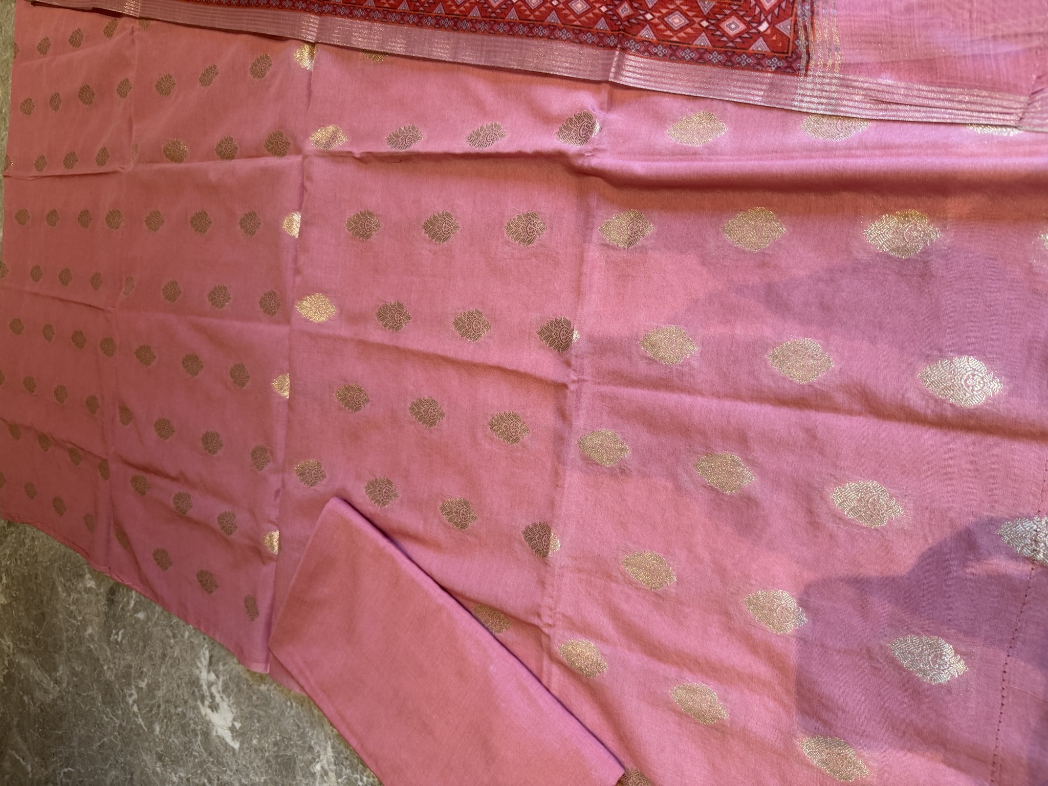 Dusty Rose Pink Unstitched Suit Set with Kani Print Dupatta — Silk, Varanasi, Uttar Pradesh, view 2