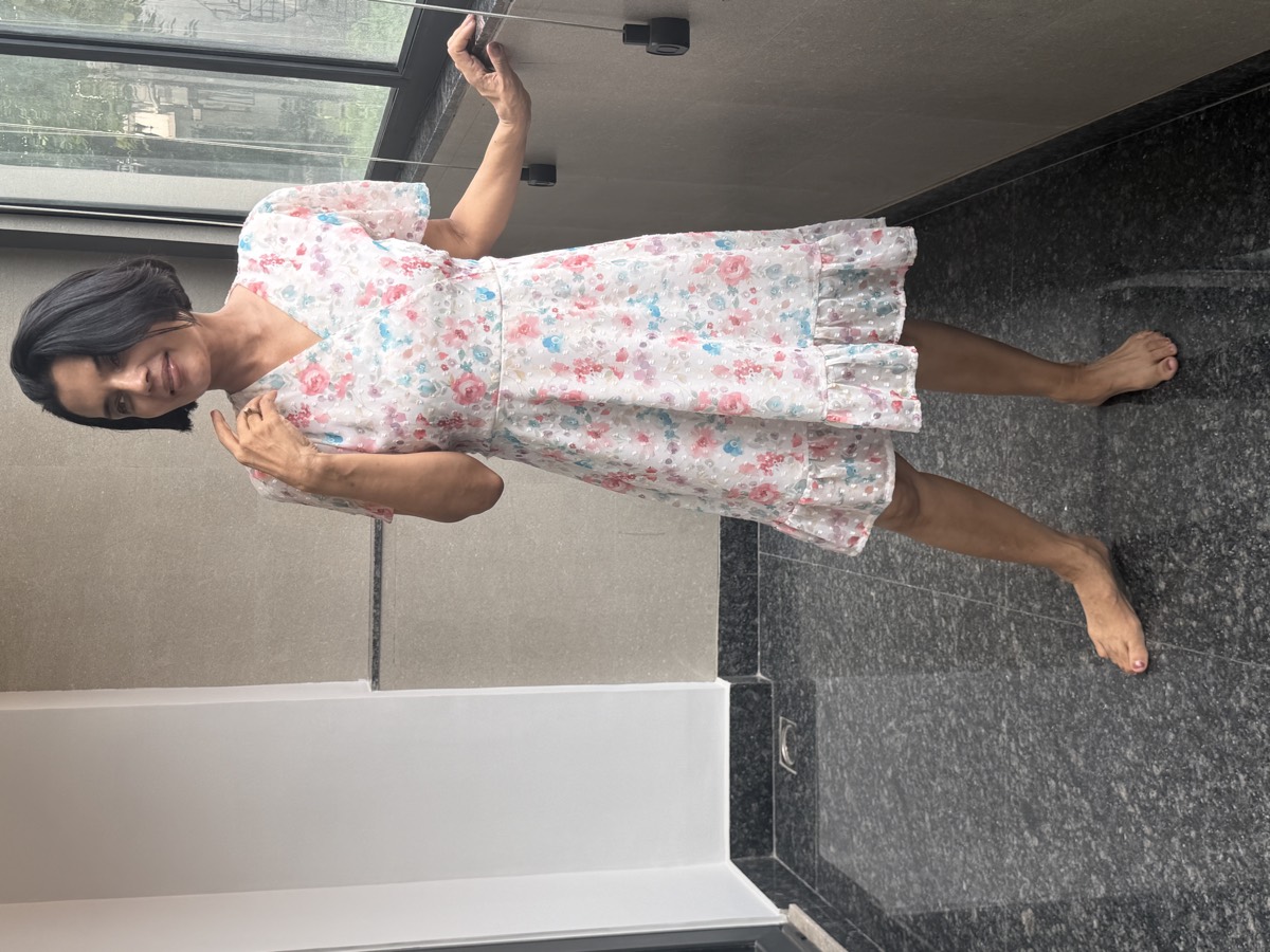 Ivory Floral Georgette Ruffle Dress — Georgette, Watercolour floral print with self pearl-dot texture