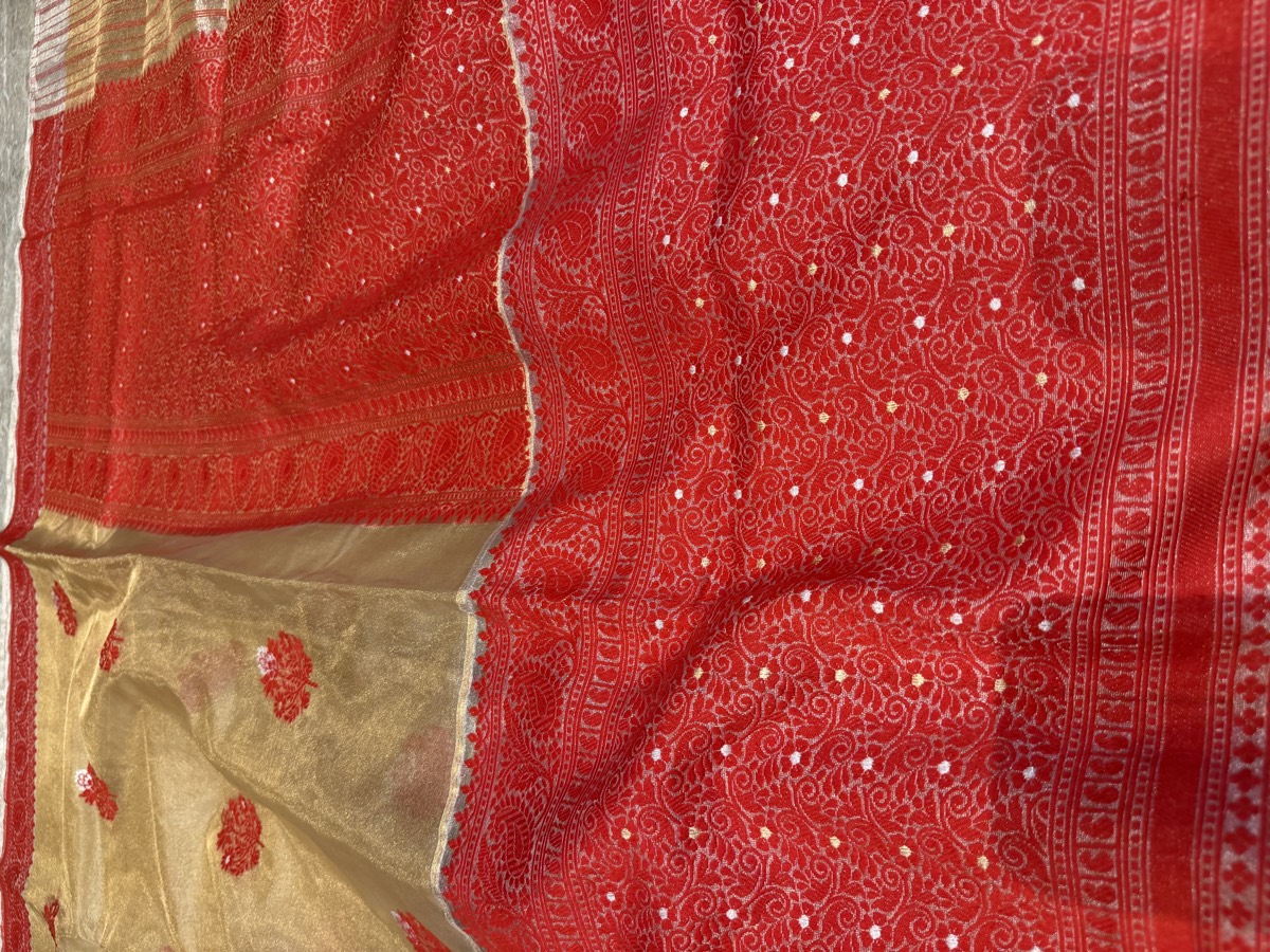 Gold & Red Assam–Banaras Fusion Tissue Kora Silk Saree with Kaduwa Jamdani — Banarasi, Tissue Kora Silk, Varanasi, Uttar Pradesh & Assam, view 7