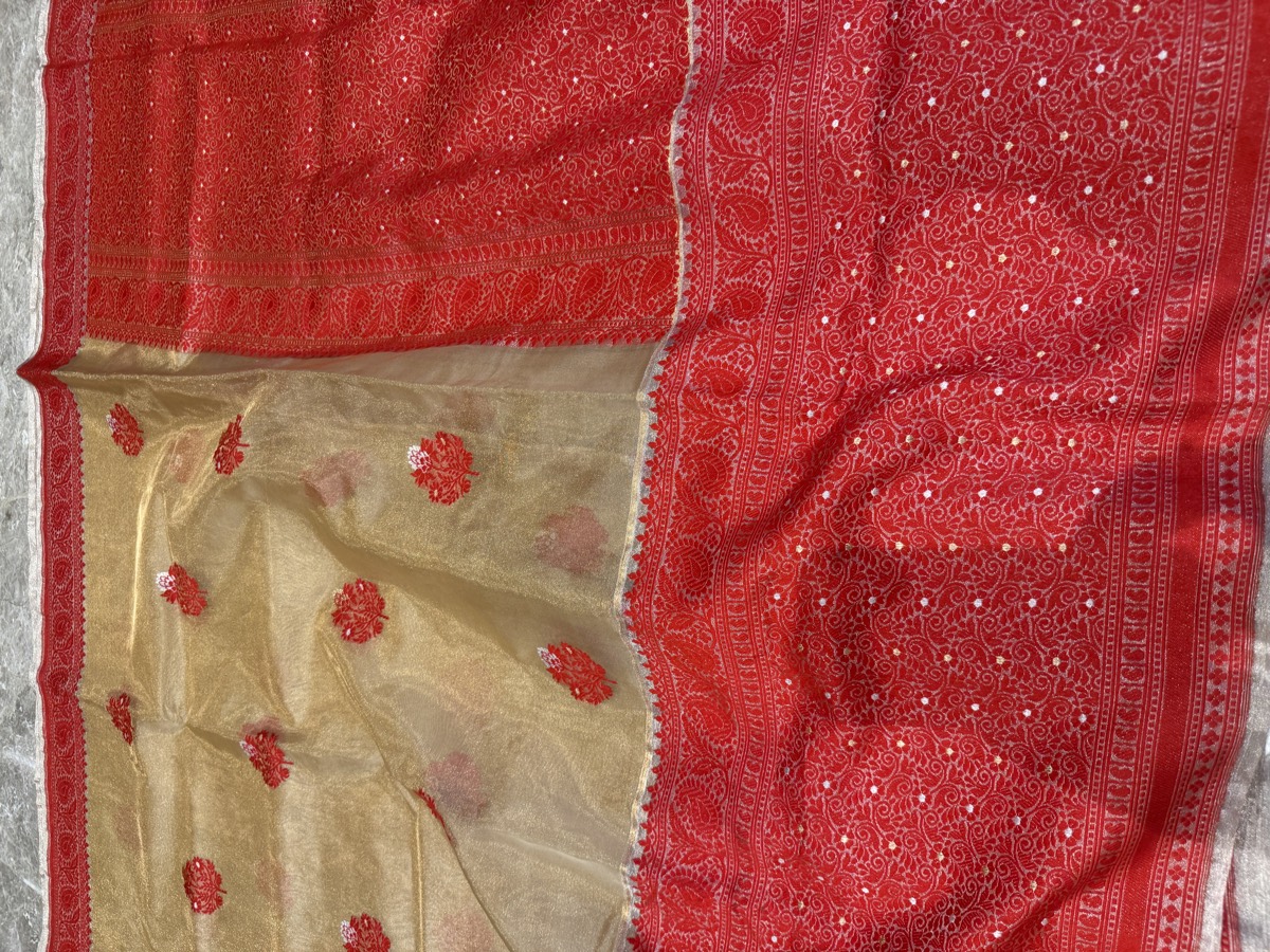 Gold & Red Assam–Banaras Fusion Tissue Kora Silk Saree with Kaduwa Jamdani — Banarasi, Tissue Kora Silk, Varanasi, Uttar Pradesh & Assam, view 8