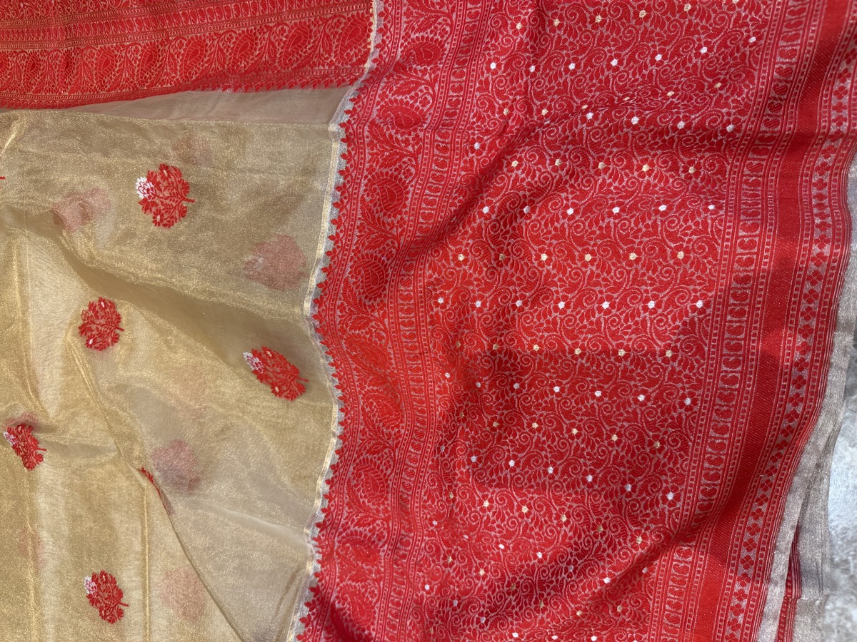 Gold & Red Assam–Banaras Fusion Tissue Kora Silk Saree with Kaduwa Jamdani — Banarasi, Tissue Kora Silk, Varanasi, Uttar Pradesh & Assam, view 9