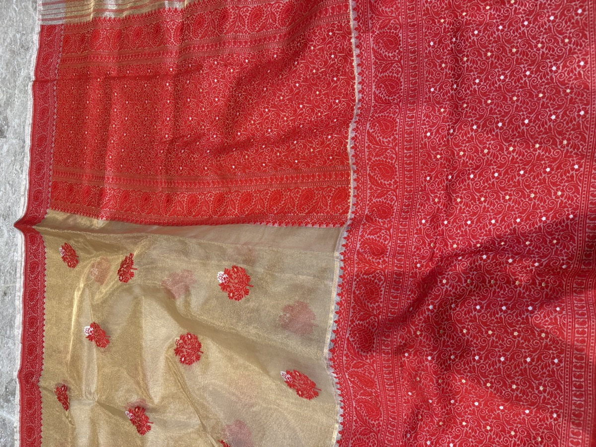 Gold & Red Assam–Banaras Fusion Tissue Kora Silk Saree with Kaduwa Jamdani — Banarasi, Tissue Kora Silk, Varanasi, Uttar Pradesh & Assam, view 10