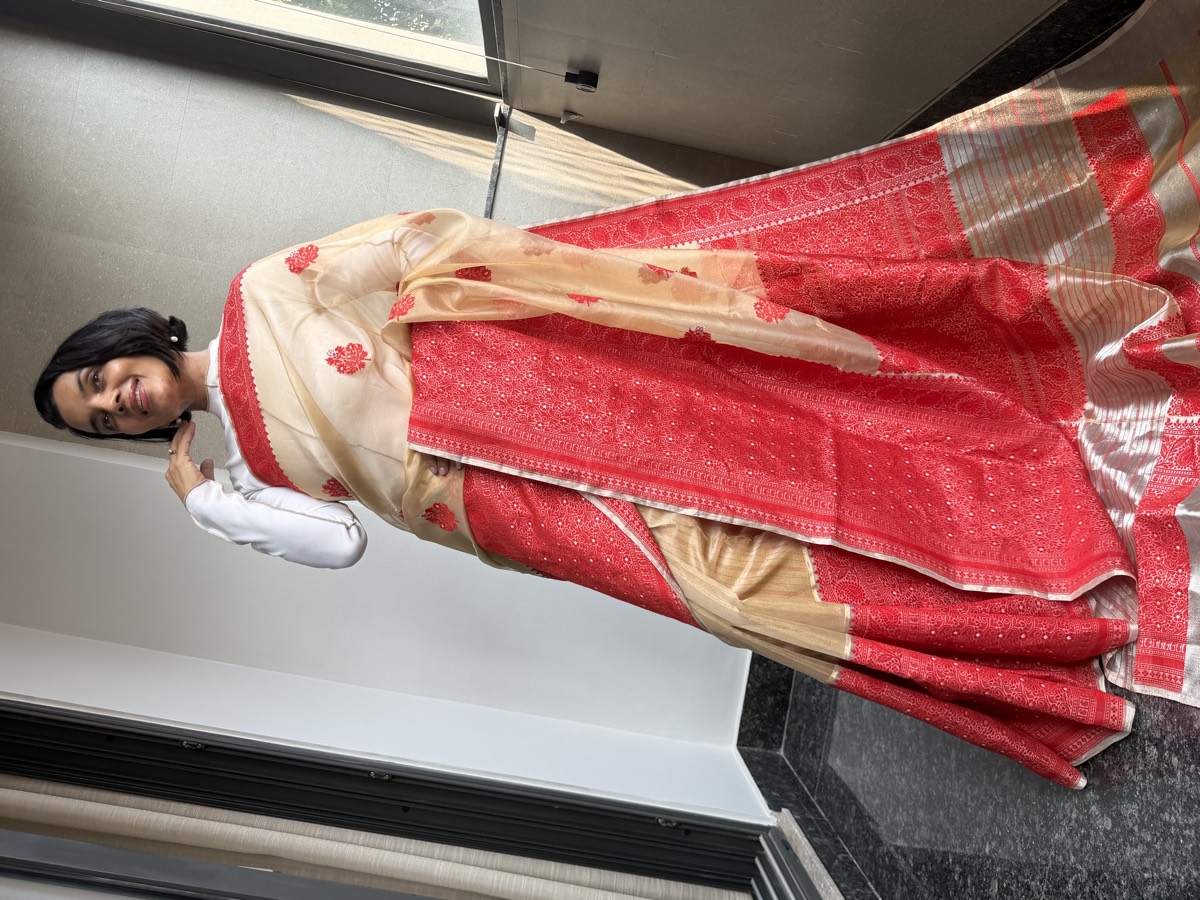 Gold & Red Assam–Banaras Fusion Tissue Kora Silk Saree with Kaduwa Jamdani — Banarasi, Tissue Kora Silk, Varanasi, Uttar Pradesh & Assam