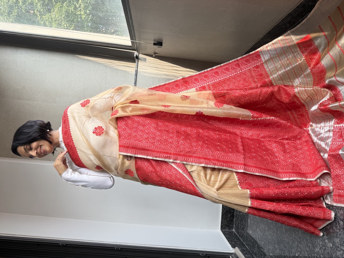 Gold & Red Assam–Banaras Fusion Tissue Kora Silk Saree with Kaduwa Jamdani — Banarasi, Tissue Kora Silk, Varanasi, Uttar Pradesh & Assam, view 4