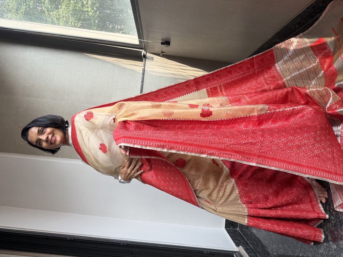 Gold & Red Assam–Banaras Fusion Tissue Kora Silk Saree with Kaduwa Jamdani — Banarasi, Tissue Kora Silk, Varanasi, Uttar Pradesh & Assam, view 6