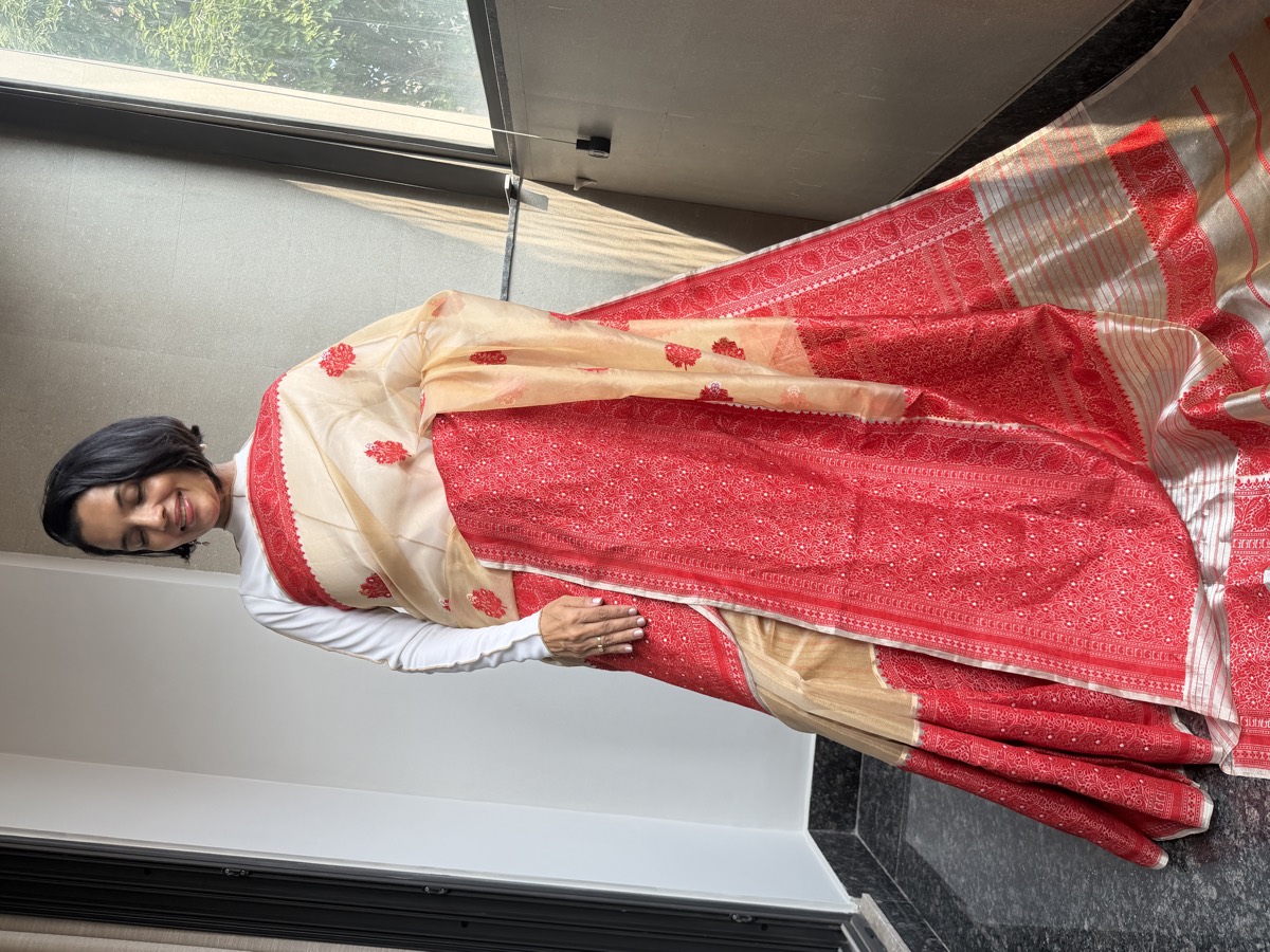 Gold & Red Assam–Banaras Fusion Tissue Kora Silk Saree with Kaduwa Jamdani — Banarasi, Tissue Kora Silk, Varanasi, Uttar Pradesh & Assam, view 5